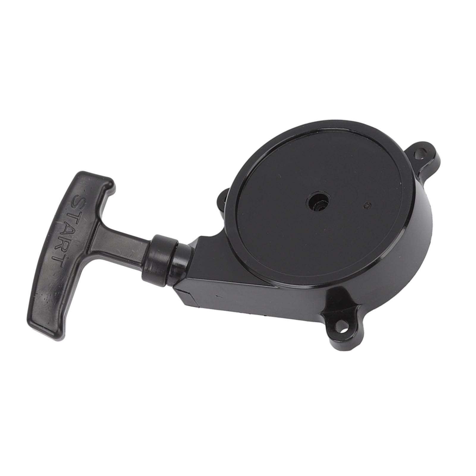 Schwarzer Reversierstarter für einen kleinen Motor, mit einem Griff mit der Aufschrift „START“.