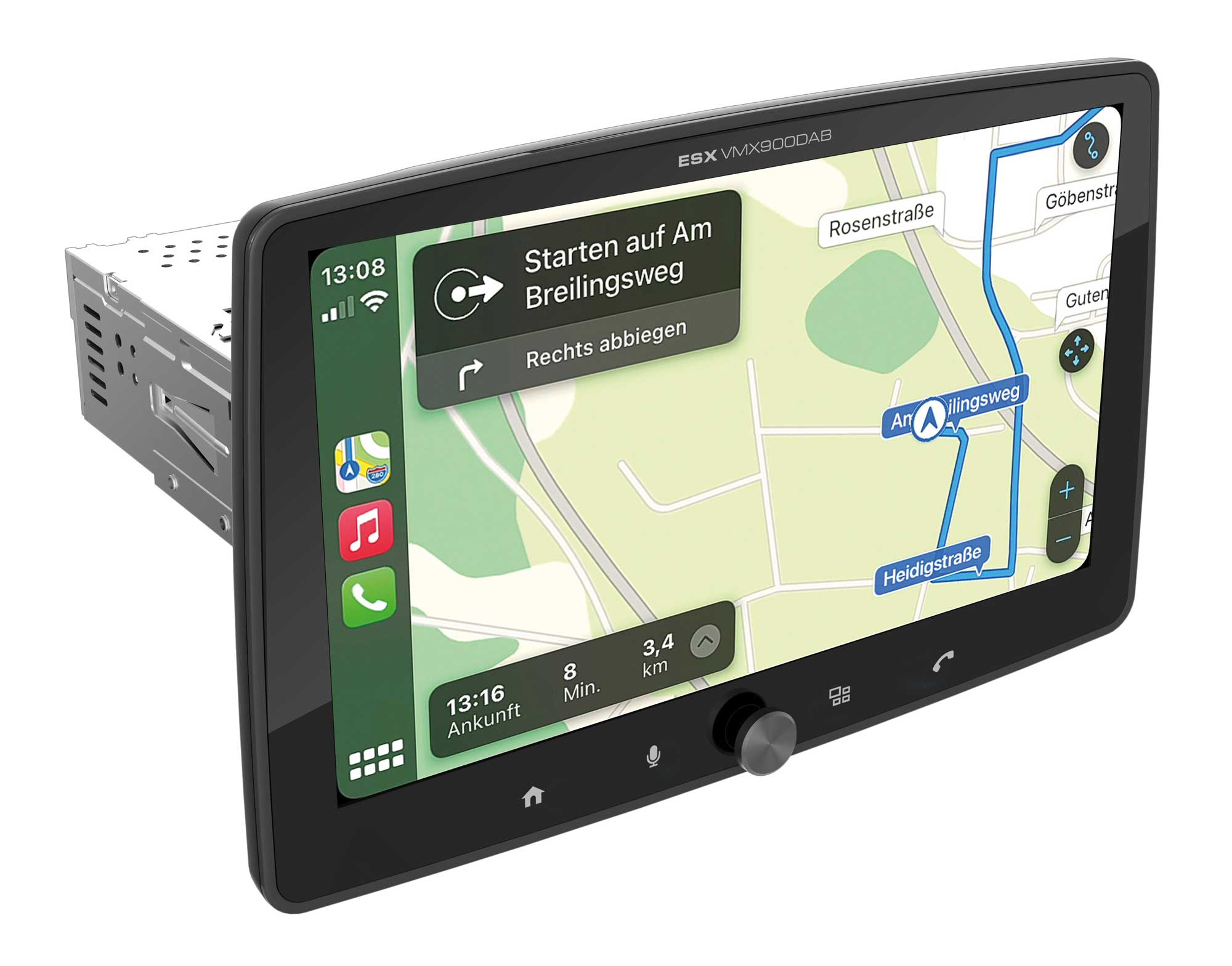 Autoradiobildschirm mit einer Karte mit Navigationsdetails.