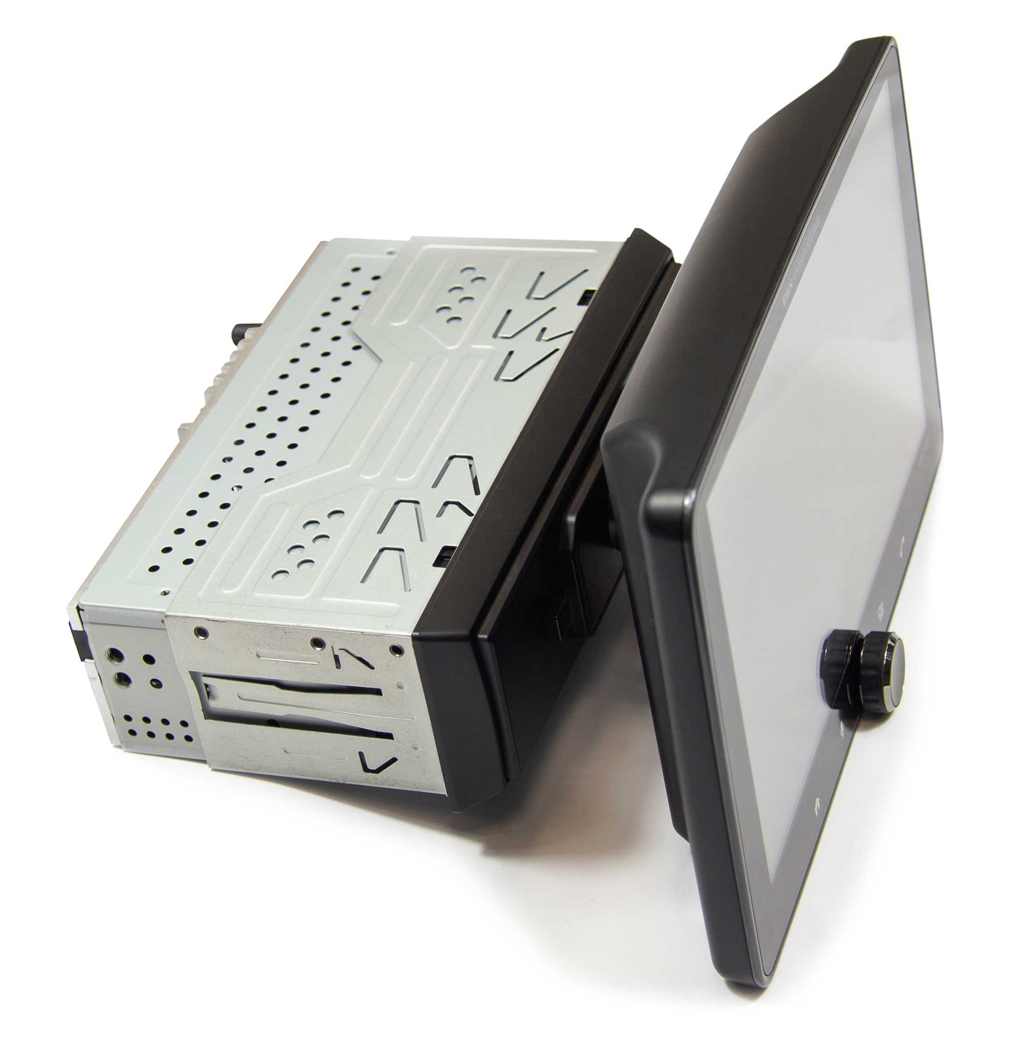 Autoradio mit Touchscreen-Display. Stereo ist silber und schwarz, das Display ist schwarz.