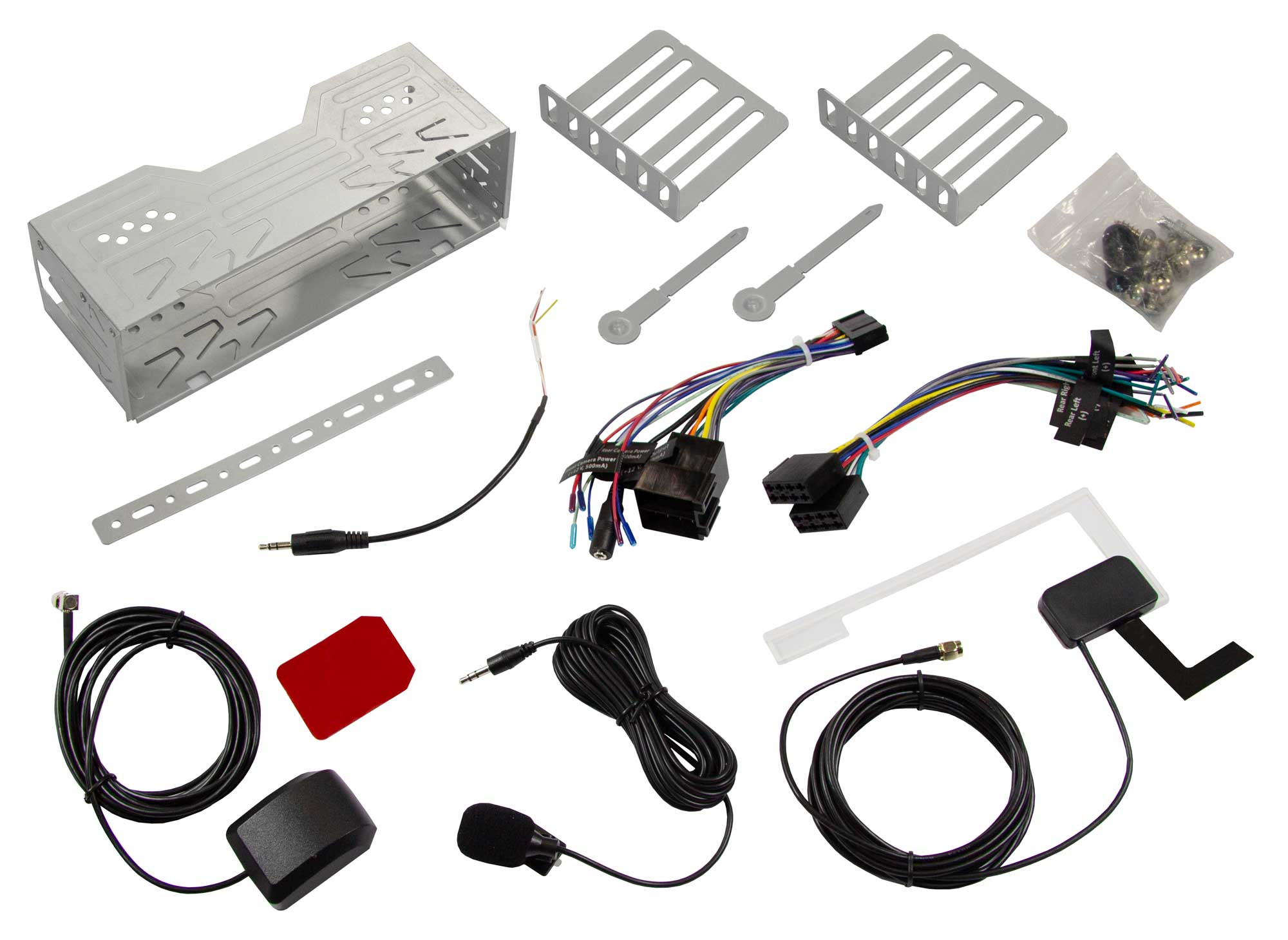 Eine Sammlung von Komponenten für den Einbau eines Autoradios, einschließlich Kabel und Halterungen.