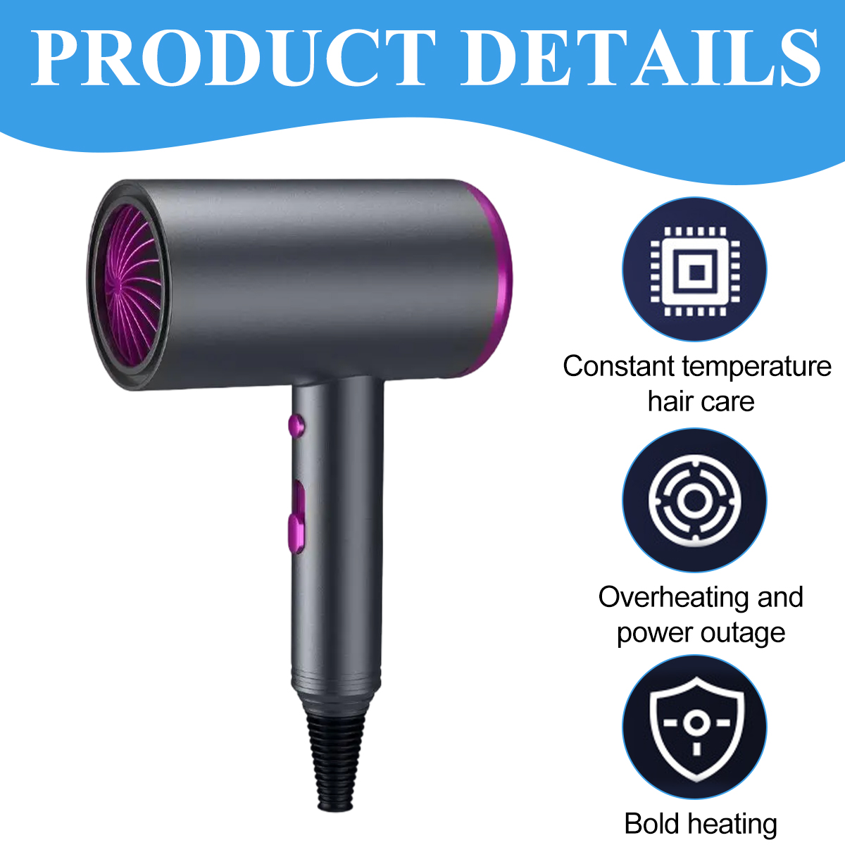 Haartrockner mit Produktdetails-Symbolen: Temperaturregelung, Überhitzung und starkes Heizen.