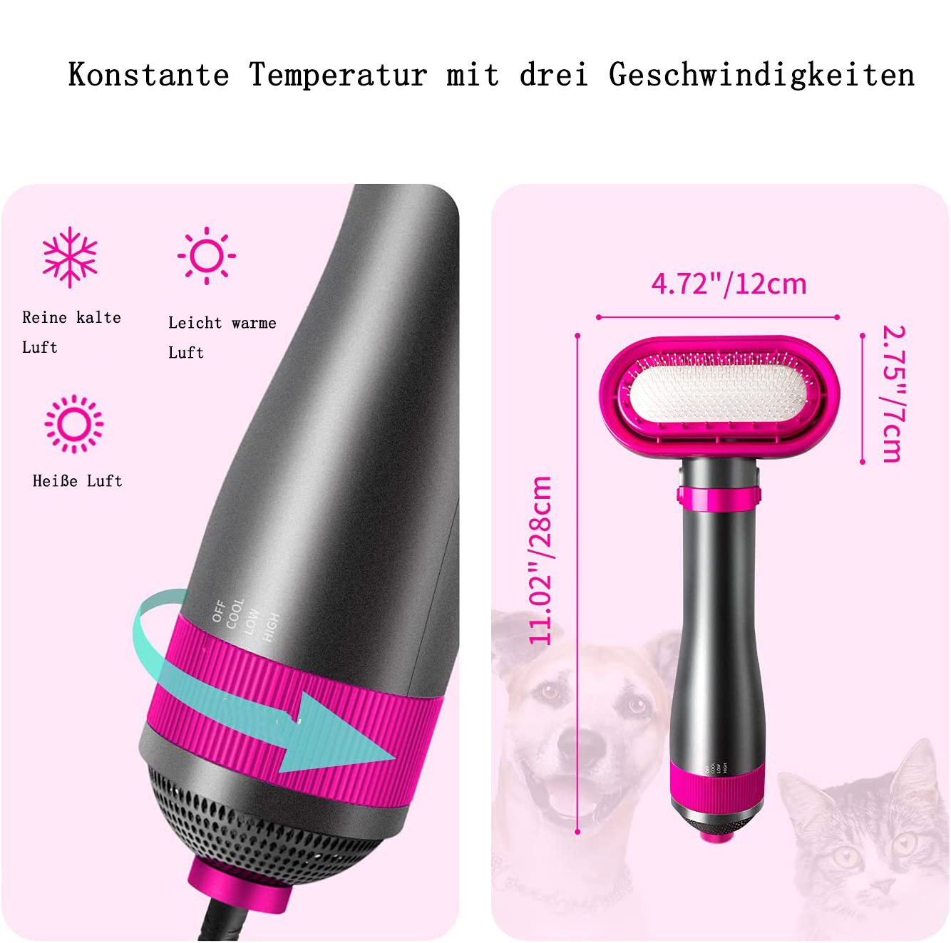 Haartrockner und Bürste. Der Trockner hat verschiedene Einstellungen. Eine Katze und ein Hund sind im Hintergrund.
