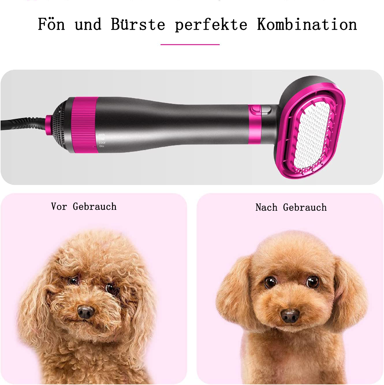 Fön und Bürste, zeigt Vorher-Nachher-Effekt auf Hundehaar.