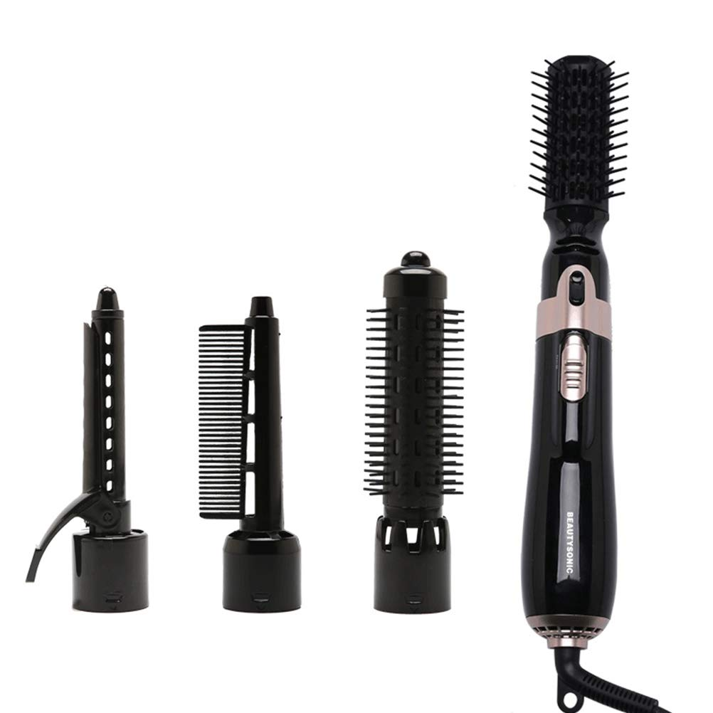Ein schwarzes Haarstyling-Werkzeug mit vier austauschbaren Aufsätzen, vor weißem Hintergrund.