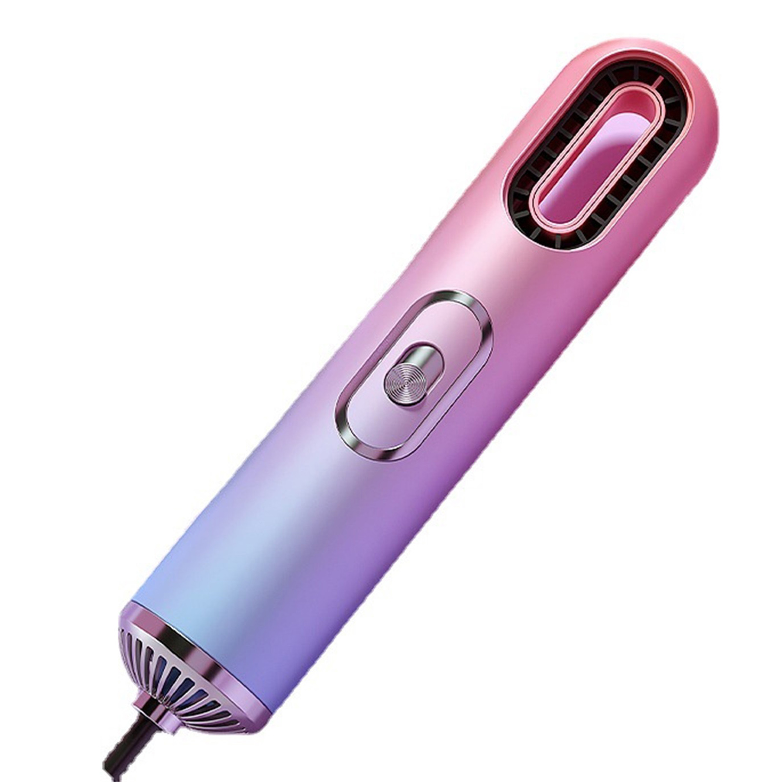 Ein rosa-blaues Haarstyling-Tool mit Knopf, Kabel und kleinem Luftauslass.