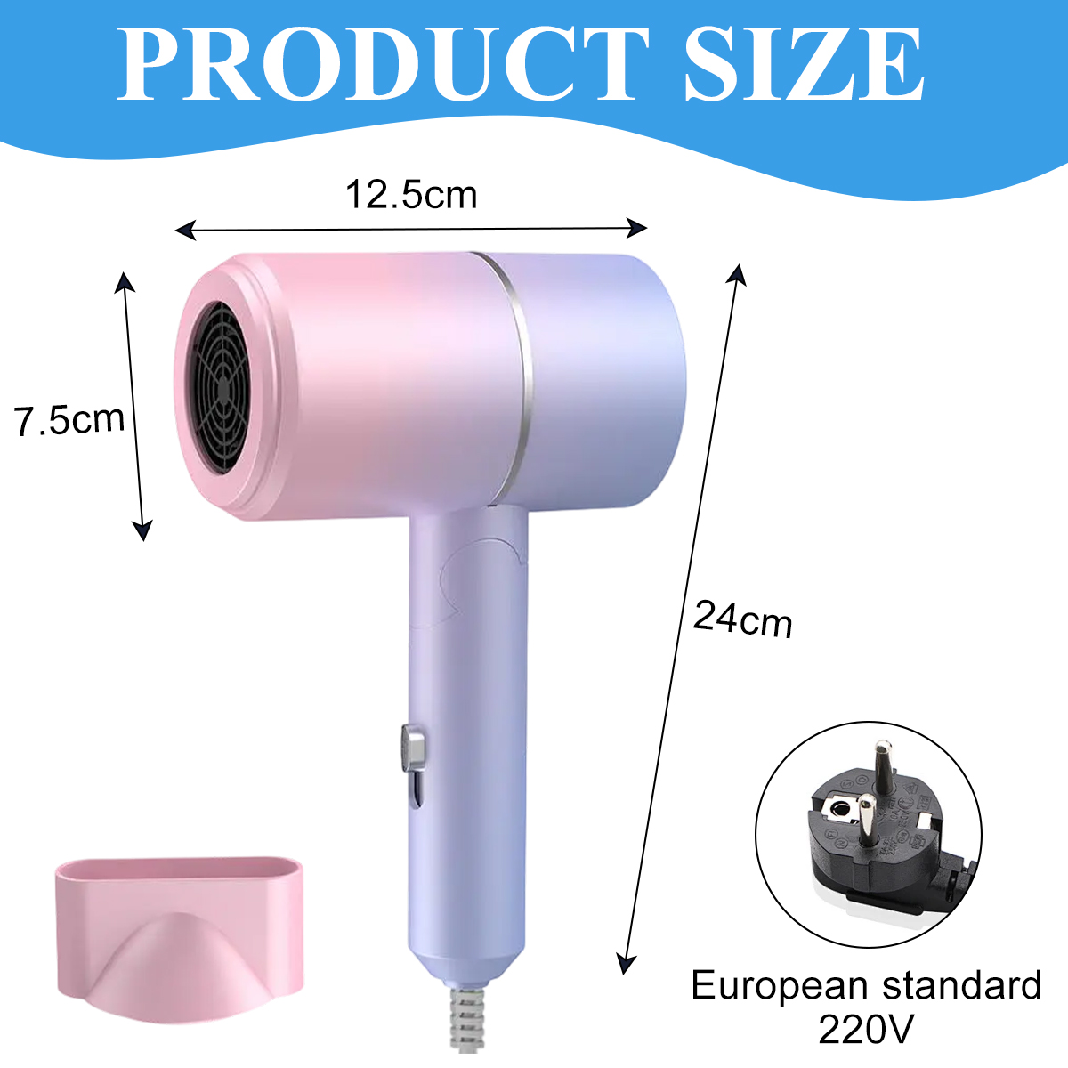 Haartrockner mit Abmessungen in cm, einem rosa Ständer und einem Eurostecker.