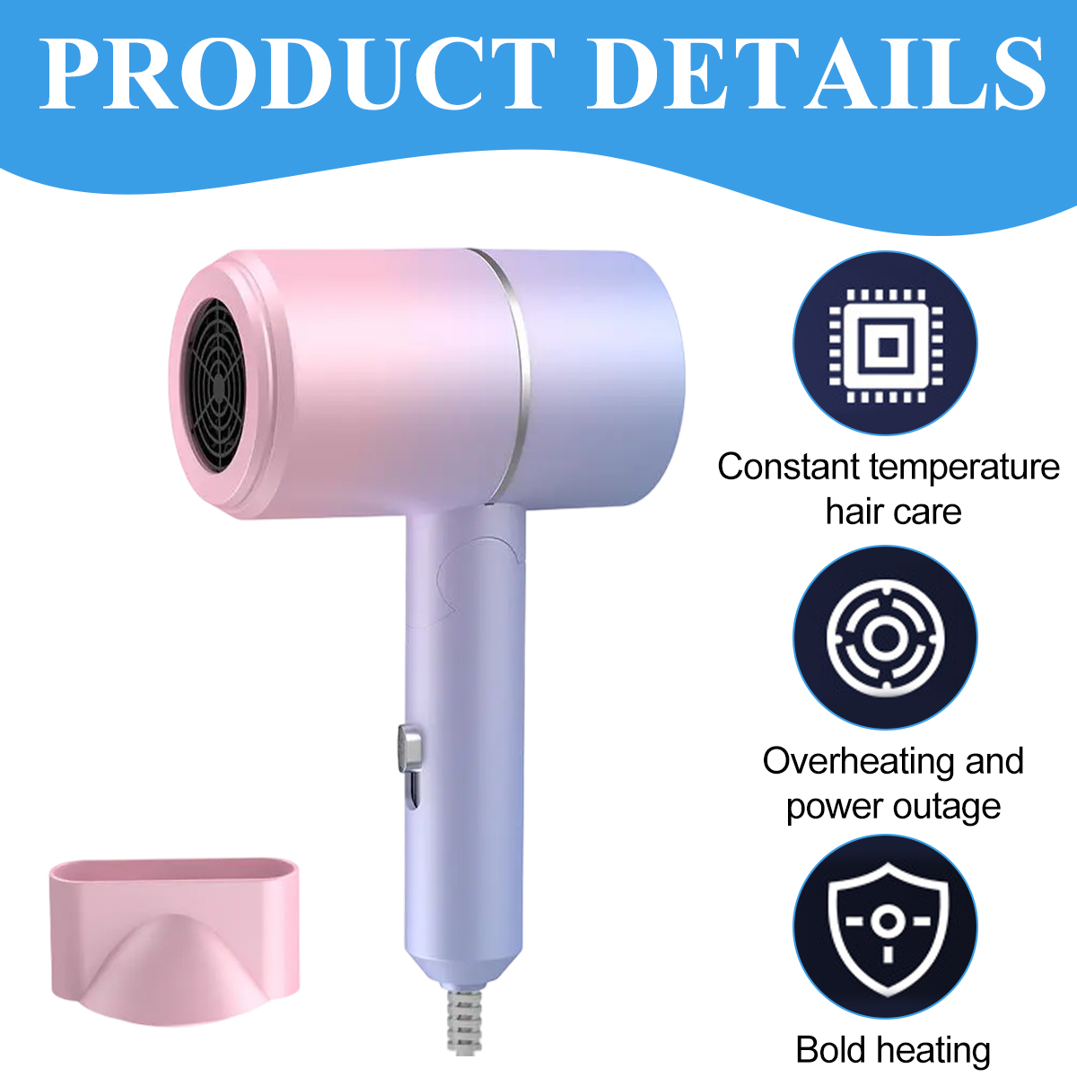 Ein rosa und weißer Haartrockner mit Produktdetail-Symbolen. Weißer Hintergrund.