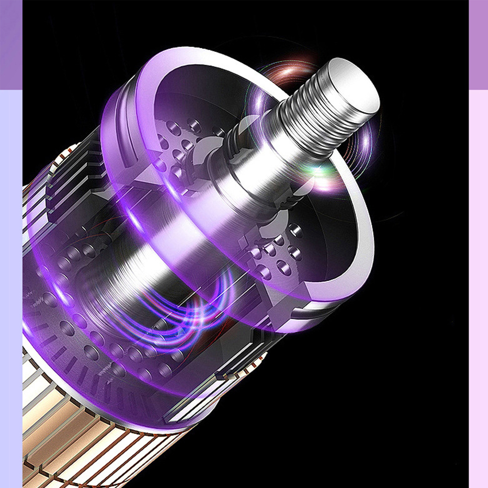 Nahaufnahme eines Metallzylinders mit Innenkomponenten. Leuchtende lila Lichteffekte, schwarzer Hintergrund.