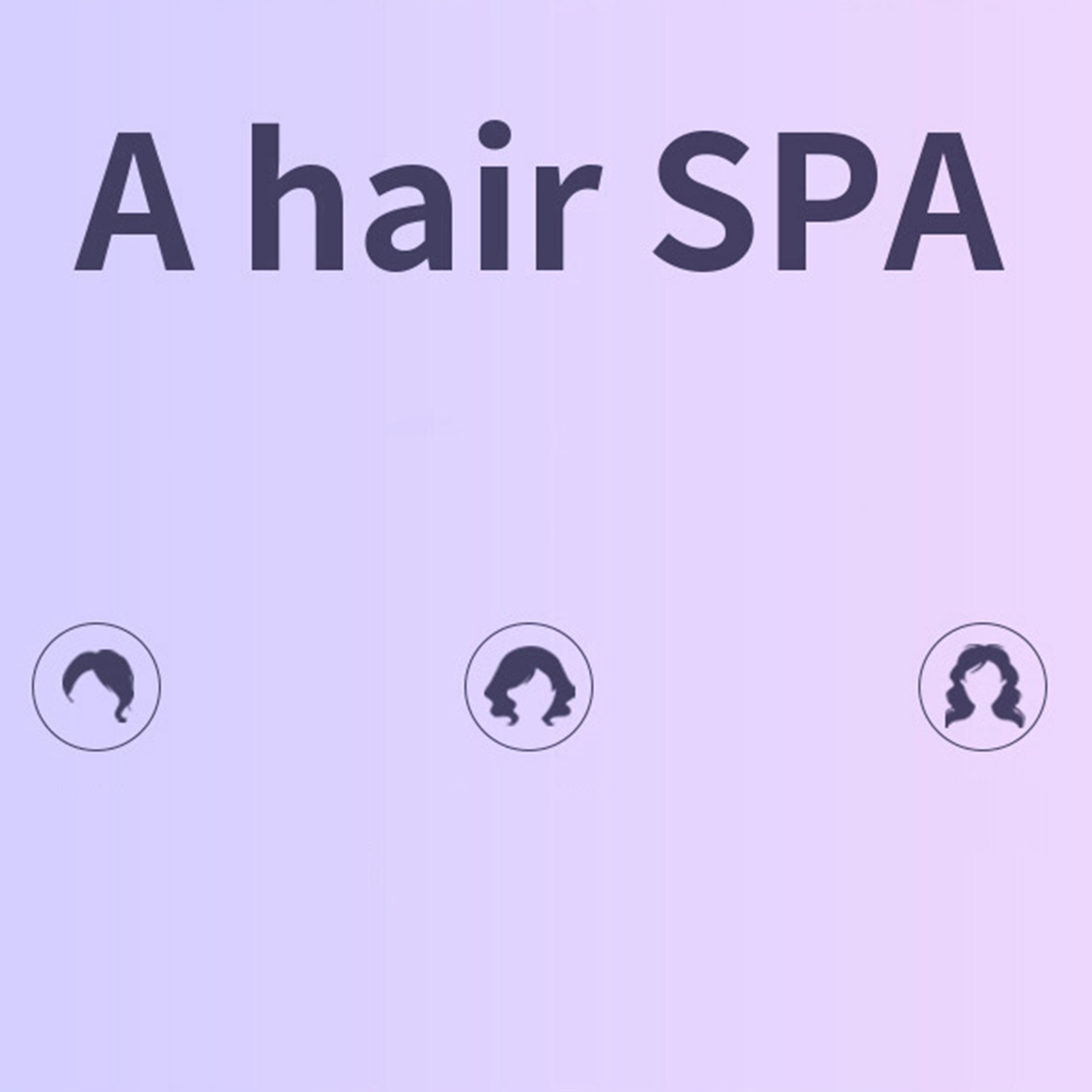 Text "A hair SPA" mit Haar-Icons auf lila Hintergrund.