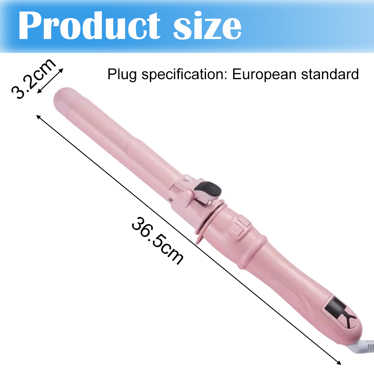 Ein rosa Lockenstab mit Maßen, vor weißem Hintergrund.