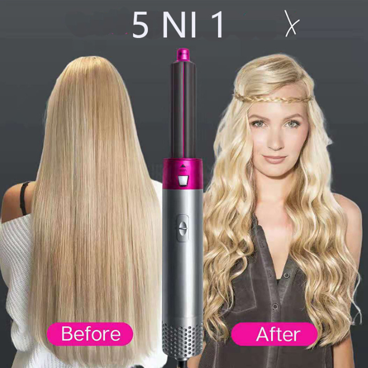 Vorher-Nachher-Bild. Eine Seite zeigt glattes Haar, die andere welliges Haar, mit einem Styling-Tool.