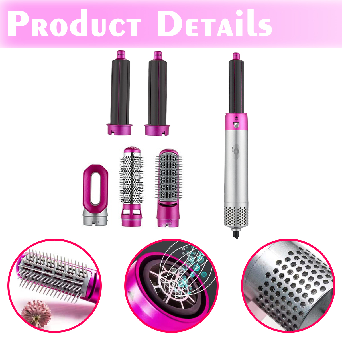 Eine Sammlung von Haarstyling-Werkzeugen, darunter ein Styler und austauschbare Bürstenaufsätze, rosa Akzente.