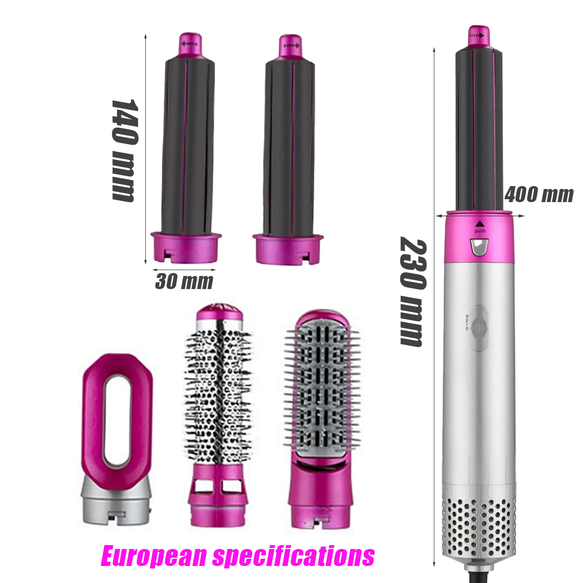 Haarstyler mit mehreren Aufsätzen. Er hat europäische Spezifikationen. Silberner Griff, rosa Aufsätze und Maße.