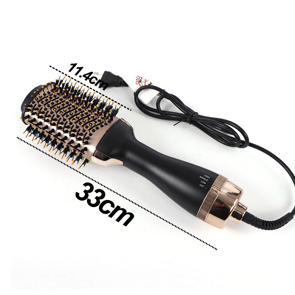 Haarstyler mit Bürste und Maßen. Ein schwarzes Kabel ist befestigt. Der Hintergrund ist weiß.