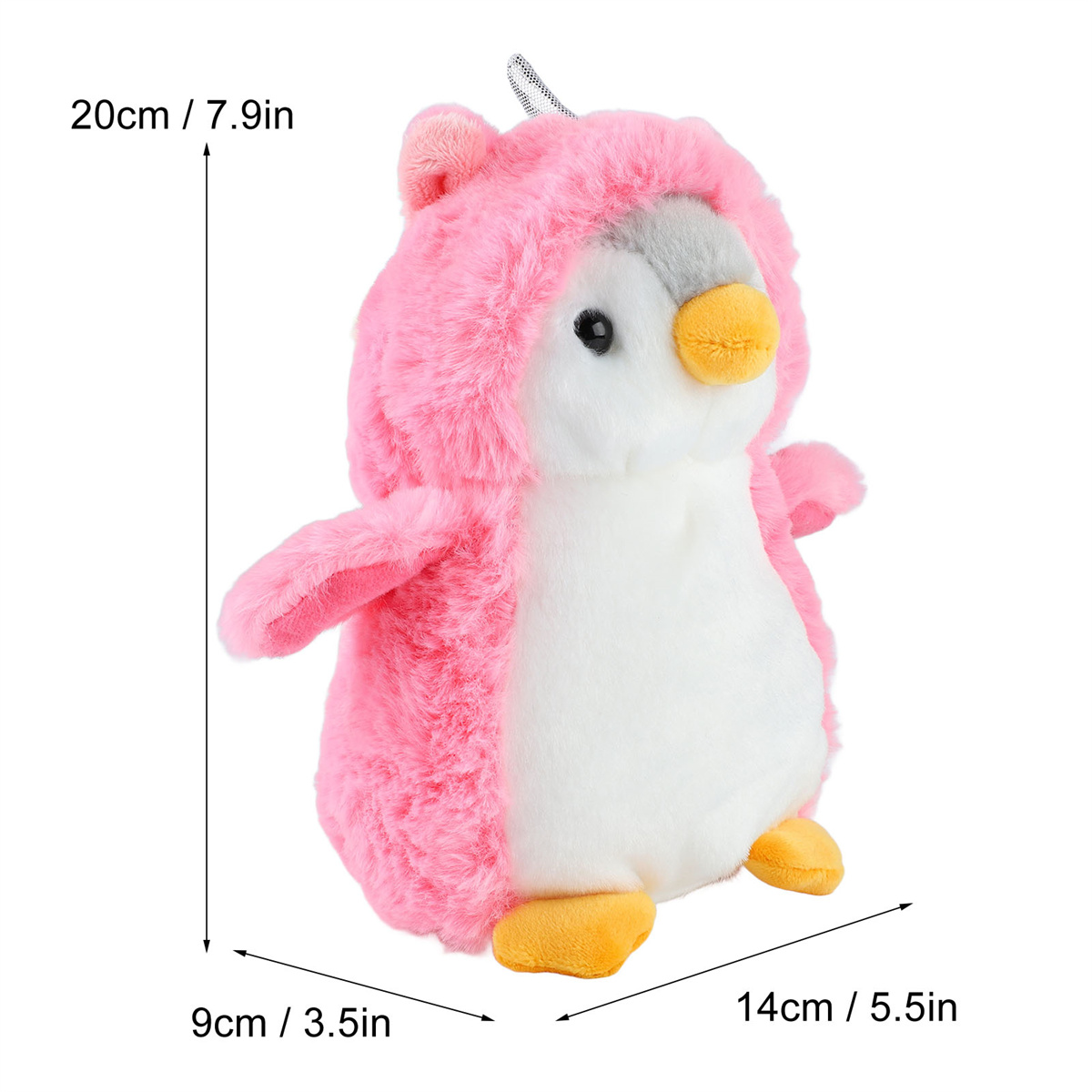 Rosa Pinguin-Plüschtier mit Maßen: 20cm/7.9in hoch, 14cm/5.5in lang.
