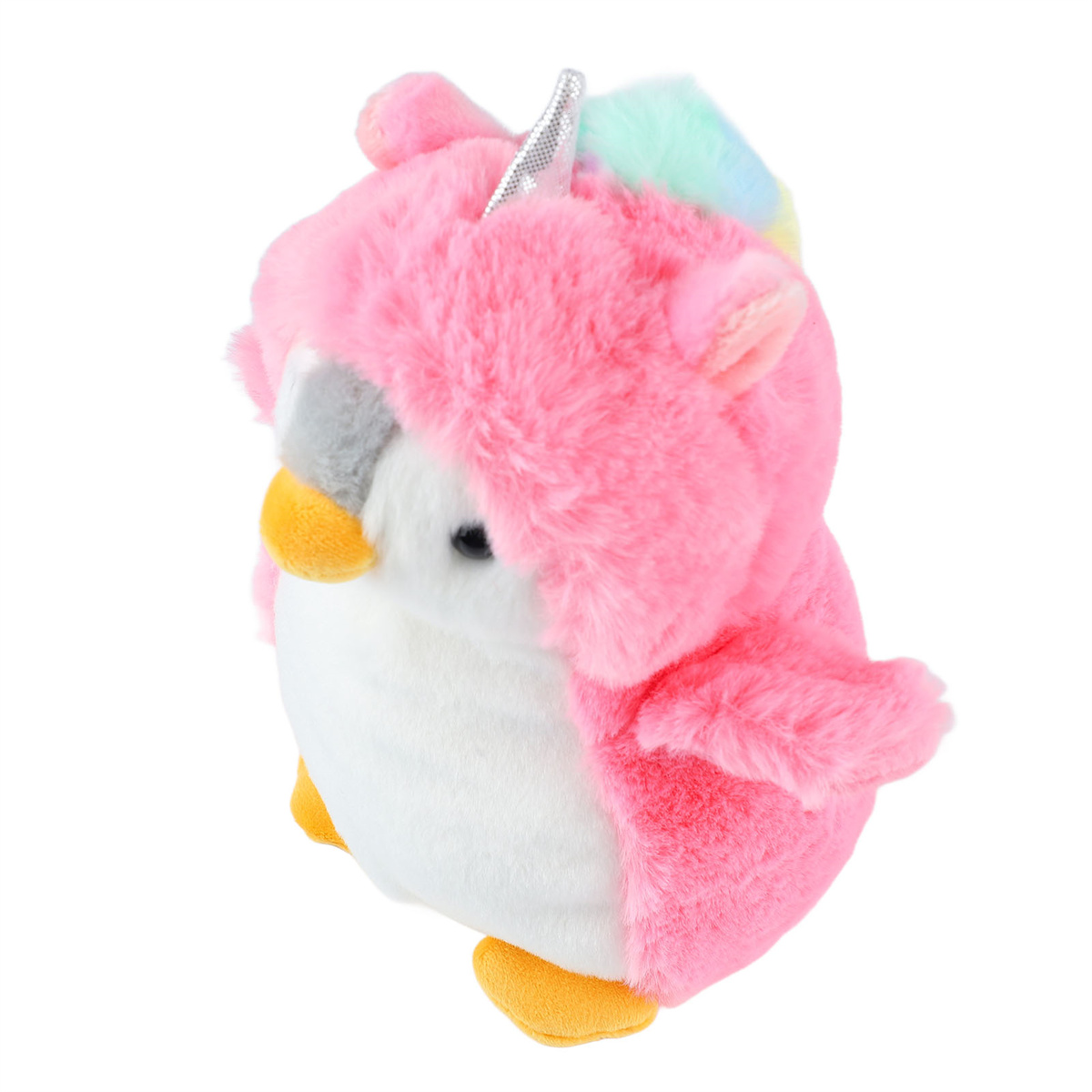 Rosa Pinguin in einem Einhornkostüm. Rosa Plüschmaterial und Regenbogenhorn.