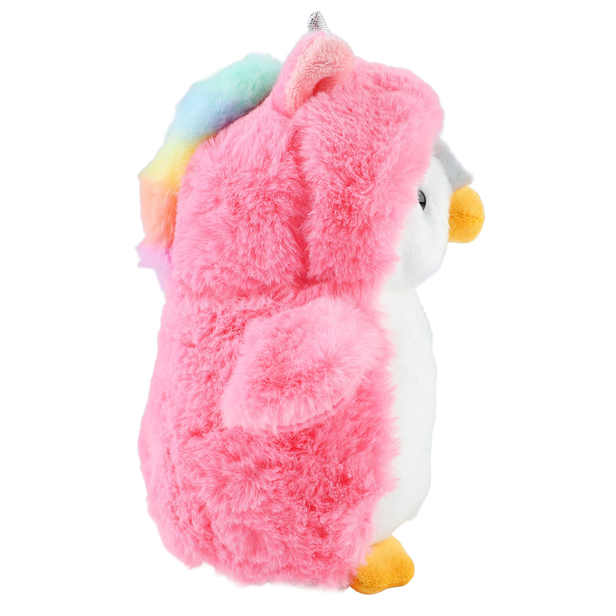 Rosa Pinguin-Plüschtier mit Regenbogen-Einhorn-Kapuze. Seitenansicht mit gelben Füßen.