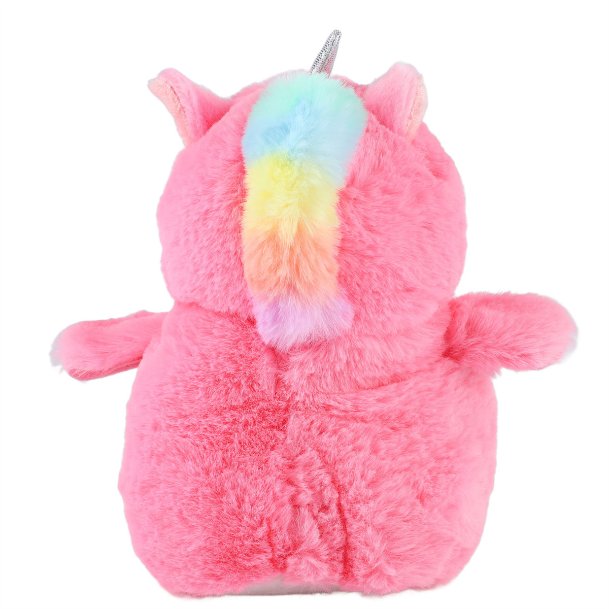 Ein rosa Einhorn-Stofftier mit einer Regenbogenmähne und einem silbernen Horn.