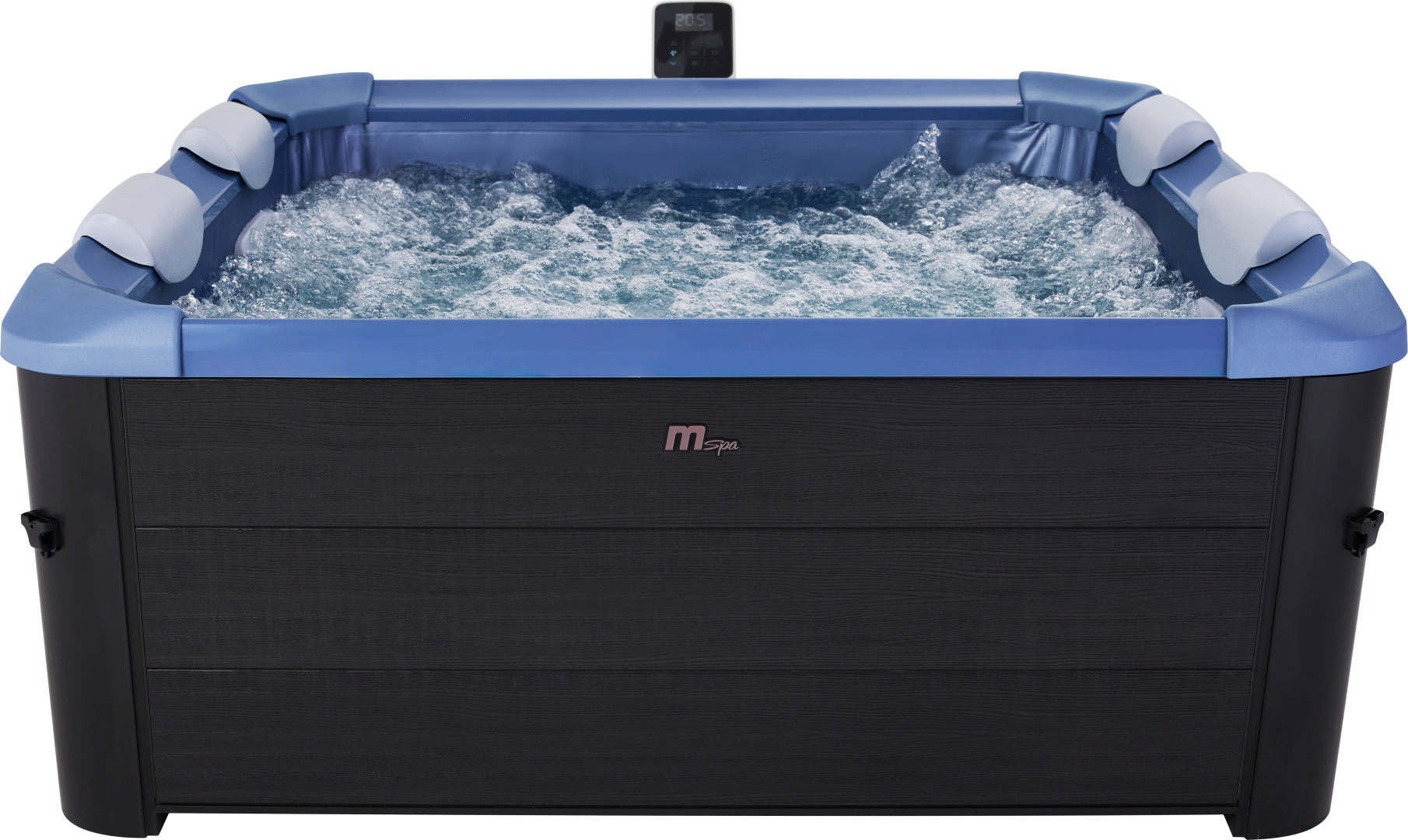 Ein schwarzer und blauer Whirlpool mit Düsen, mit Wasserblasen. Er hat eine Digitalanzeige.