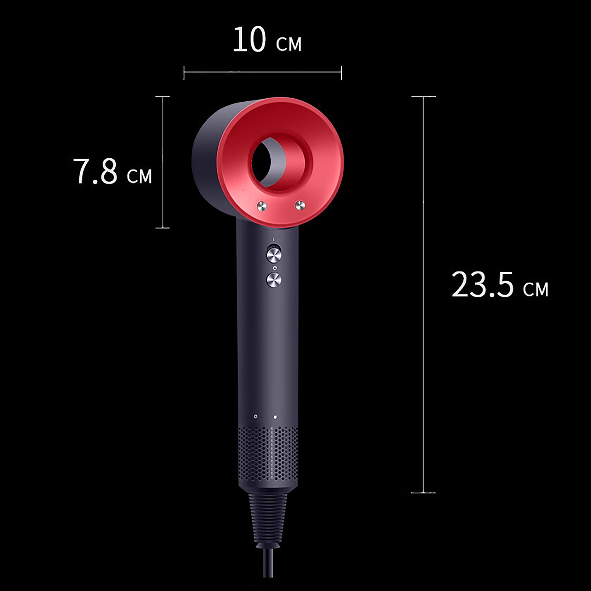 Ein schwarz-roter Haartrockner. Maße: 10 cm breit, 7,8 cm hoch und 23,5 cm lang.