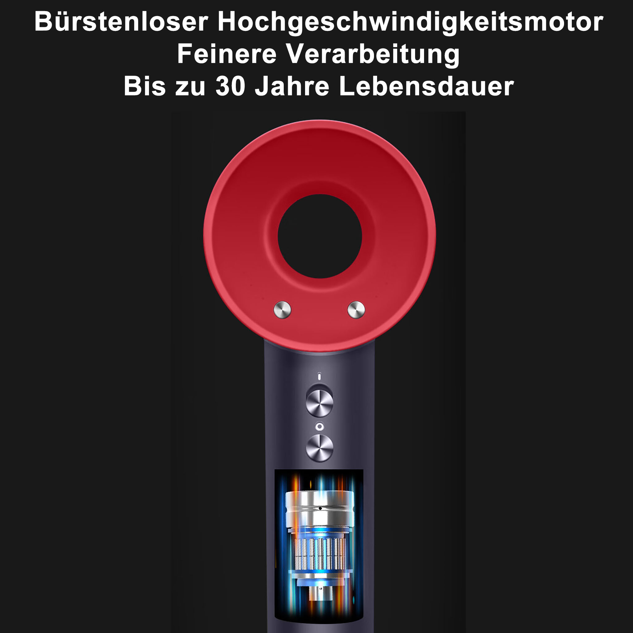 Roter und schwarzer Haartrockner mit einem Ausschnitt des inneren Mechanismus.