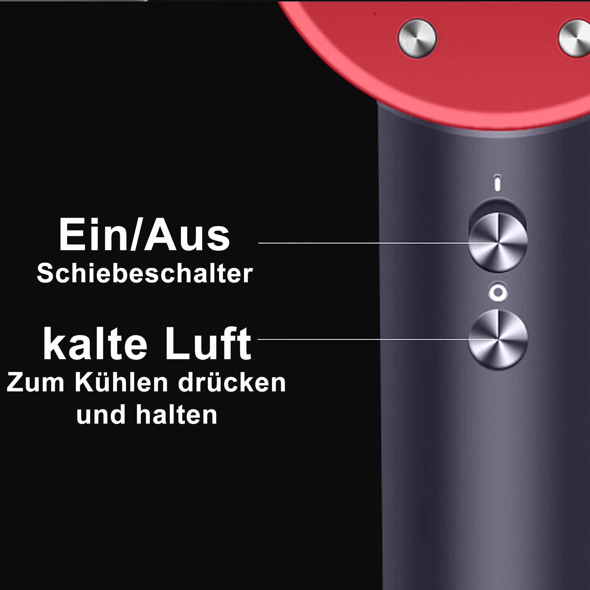 Nahaufnahme eines Haartrockners mit Knöpfen und Textbeschriftungen auf Deutsch. Rote und dunkelgraue Farben.