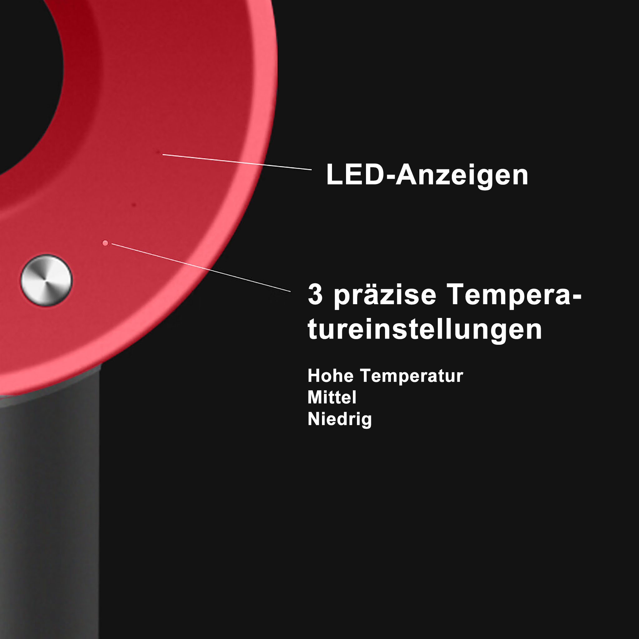 Rotes Fandetail mit LED-Anzeigen und Temperatur-Einstellungen.