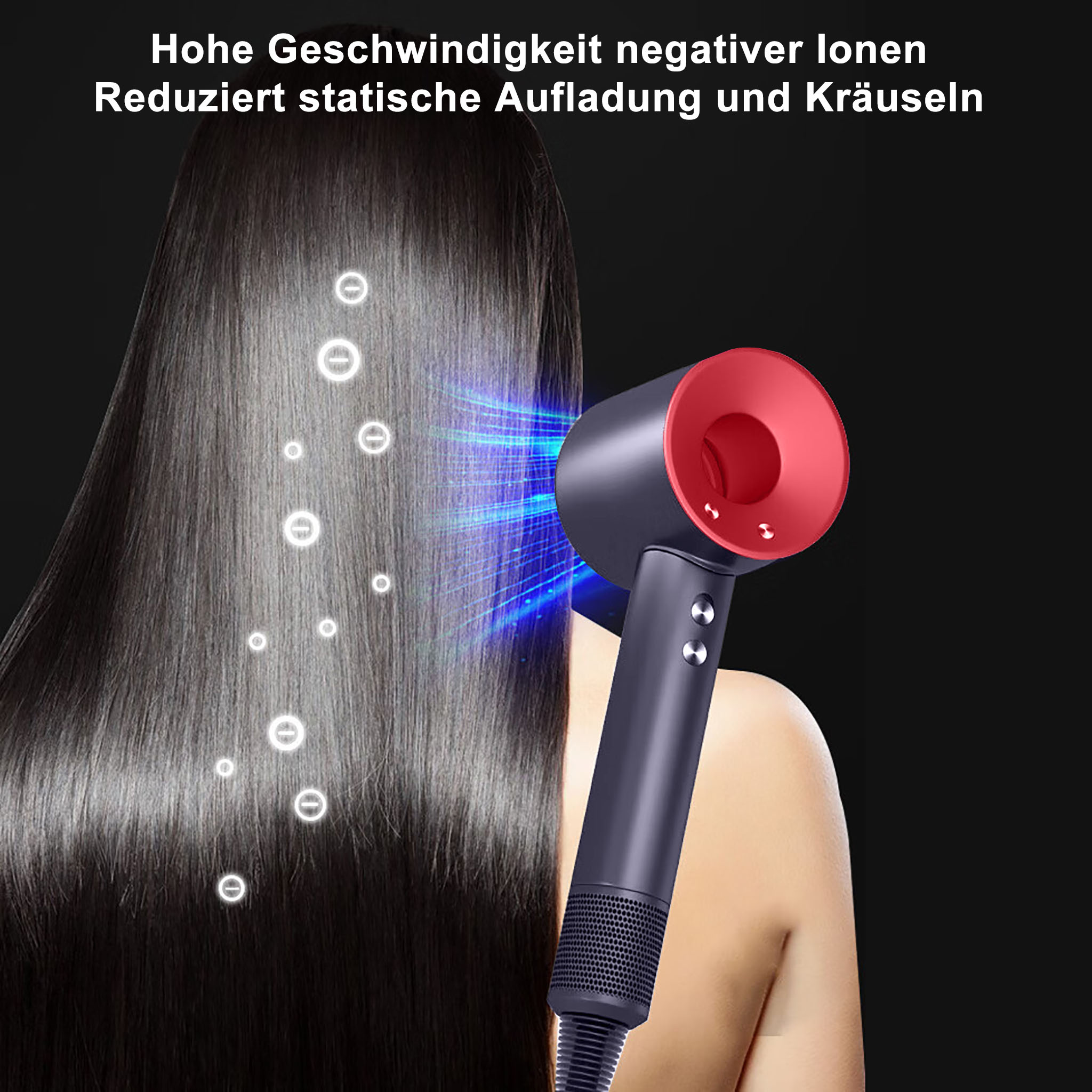 Haartrockner mit roter Düse, bläst Luft mit sichtbaren leuchtenden Kreisen.