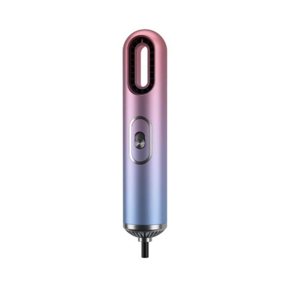 Pink-violetter Haartrockner mit ovaler Öffnung und Knopf an der Seite. Isoliert auf Weiß.
