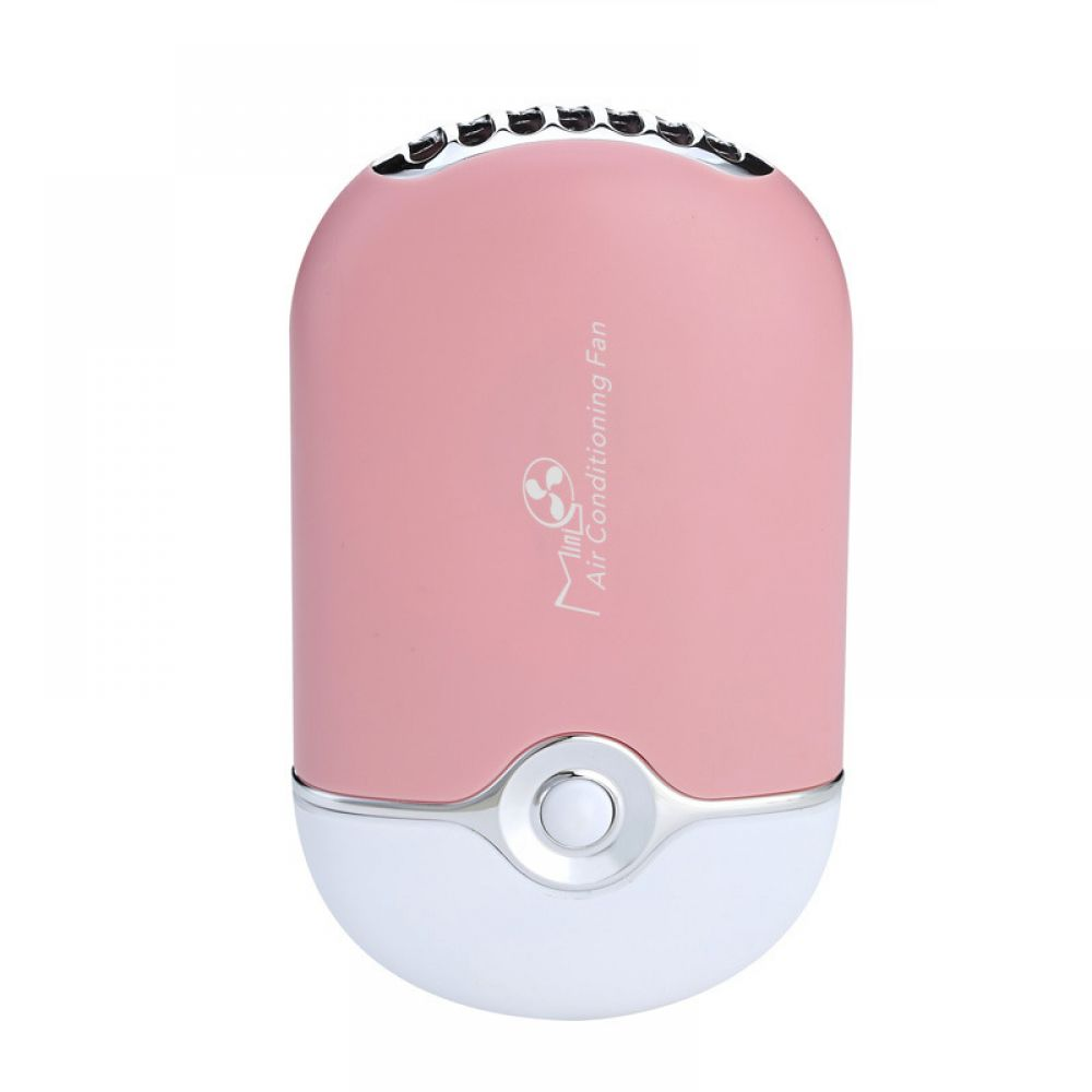 Ein rosa-weißer Mini-Ventilator mit dem Schriftzug 'Mini Air Conditioning Fan'.