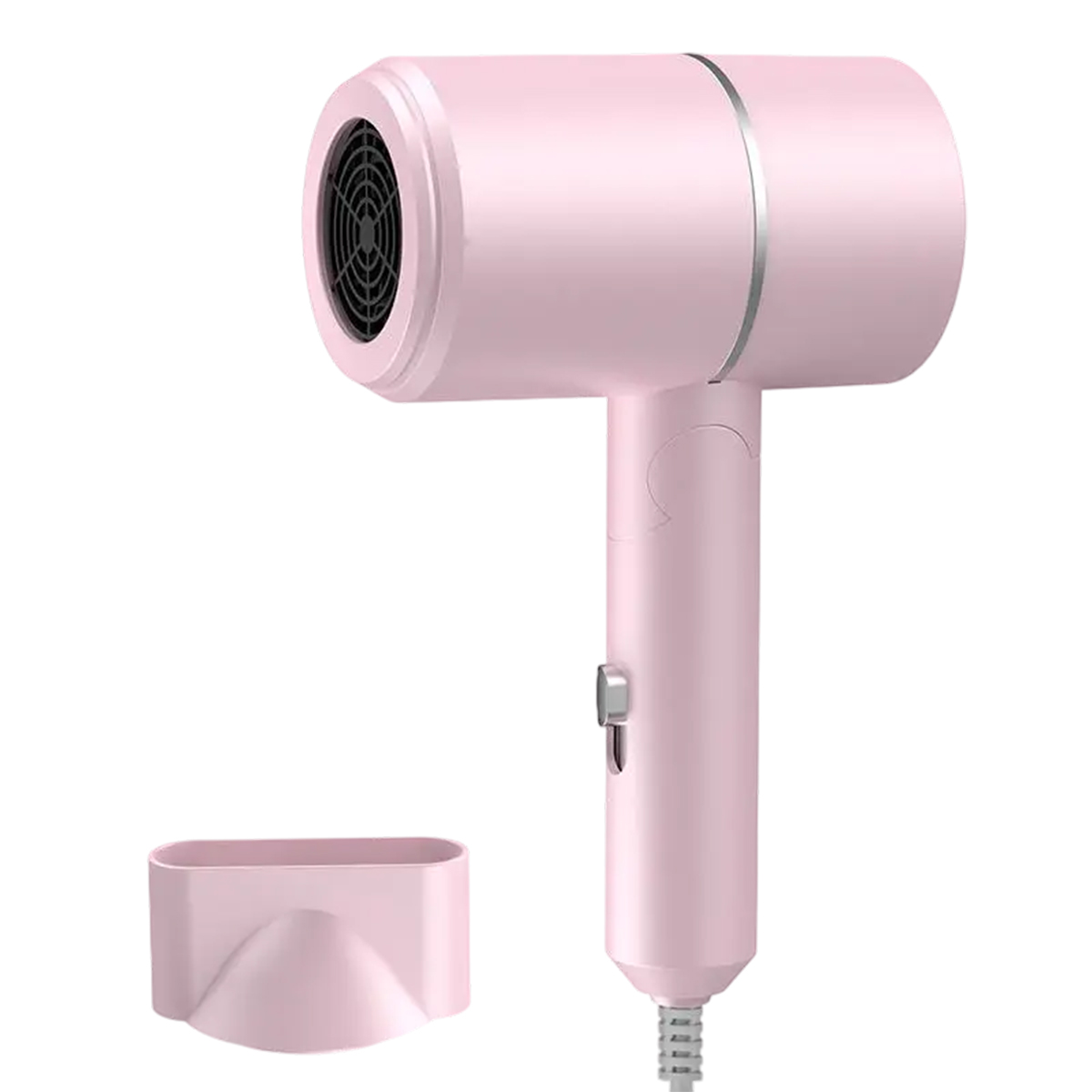 Ein rosa Haartrockner mit Düse auf weißem Hintergrund.