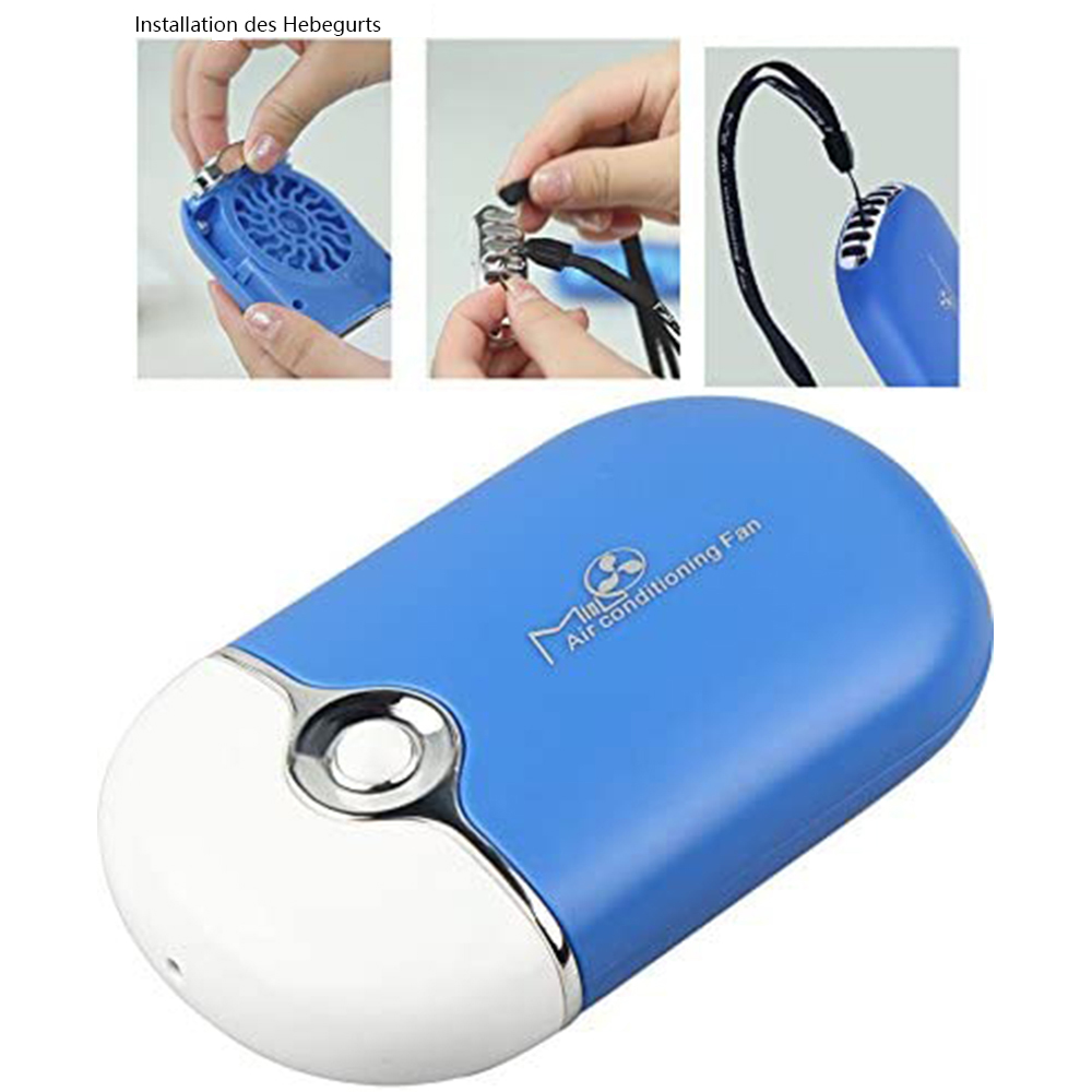 Blau-weißer Mini-Klimaanlagen-Ventilator mit Anleitungsbildern darüber.
