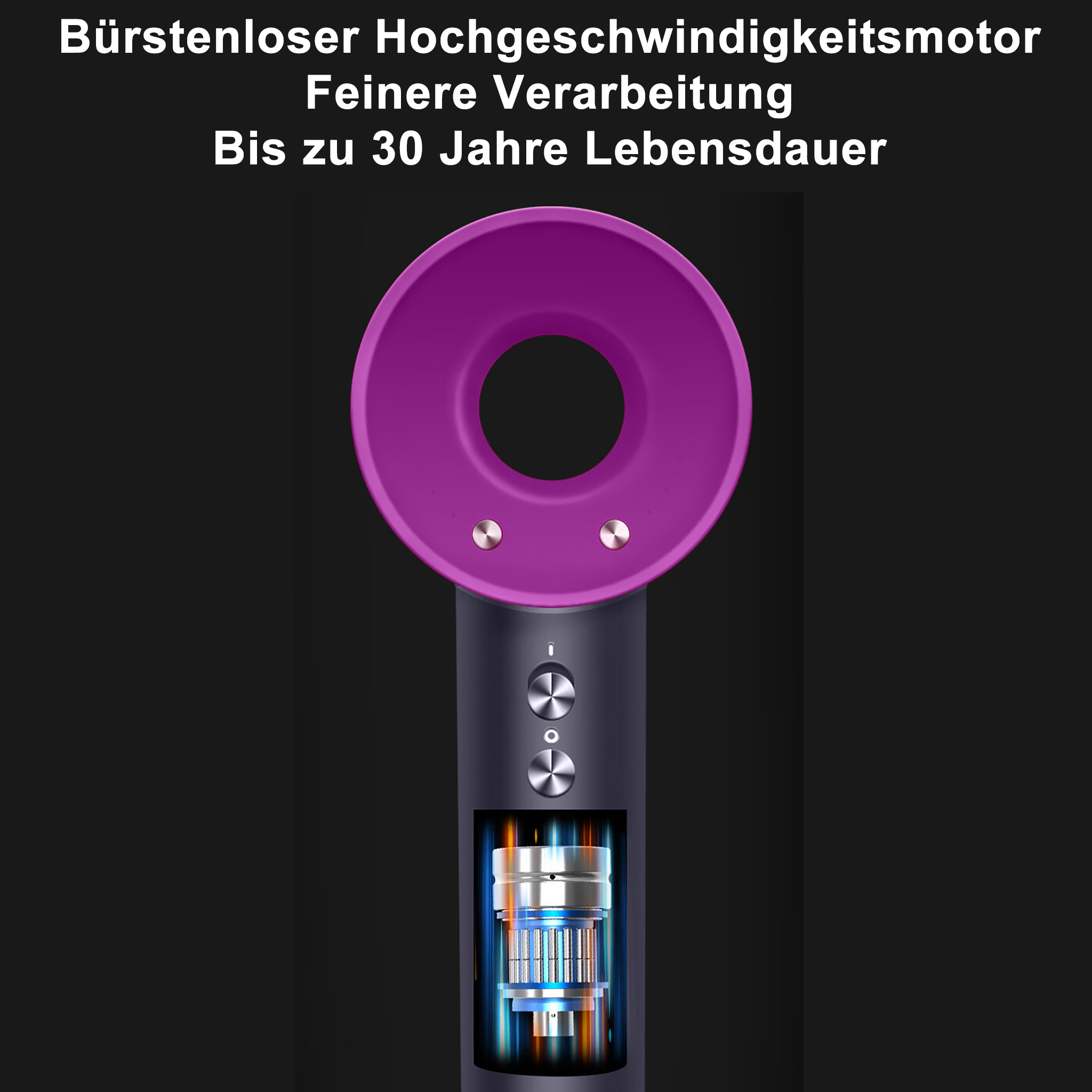 Ein violetter Haartrockner mit Ausschnitt, der die inneren Komponenten zeigt, auf schwarzem Hintergrund.