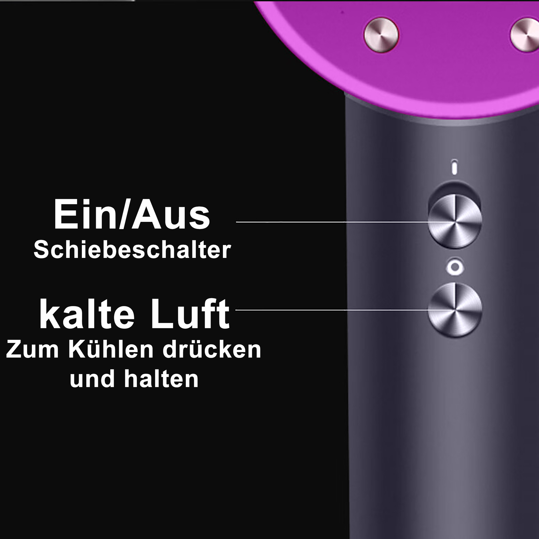 Nahaufnahme des Haartrockner-Bedienfelds mit Ein/Aus- und Kaltlufttasten. Lila und grau.