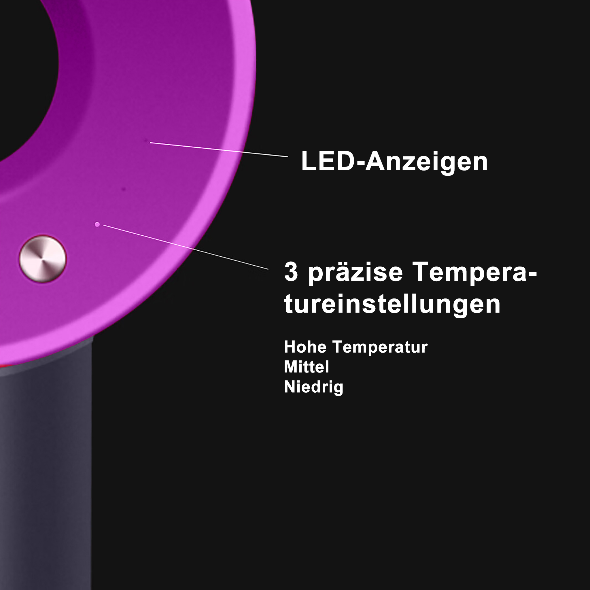 Nahaufnahme eines lila Haartrockners mit Temperatureinstellungen und LED-Anzeigen.