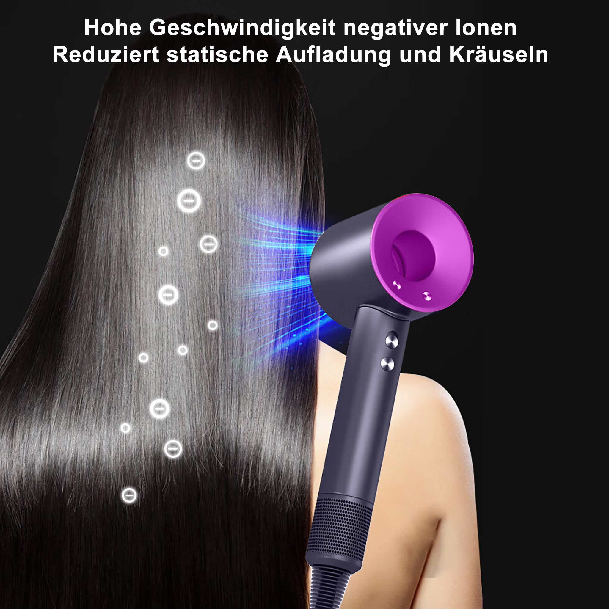 Haartrockner, schwarz und lila, mit Text, bläst auf Haare.