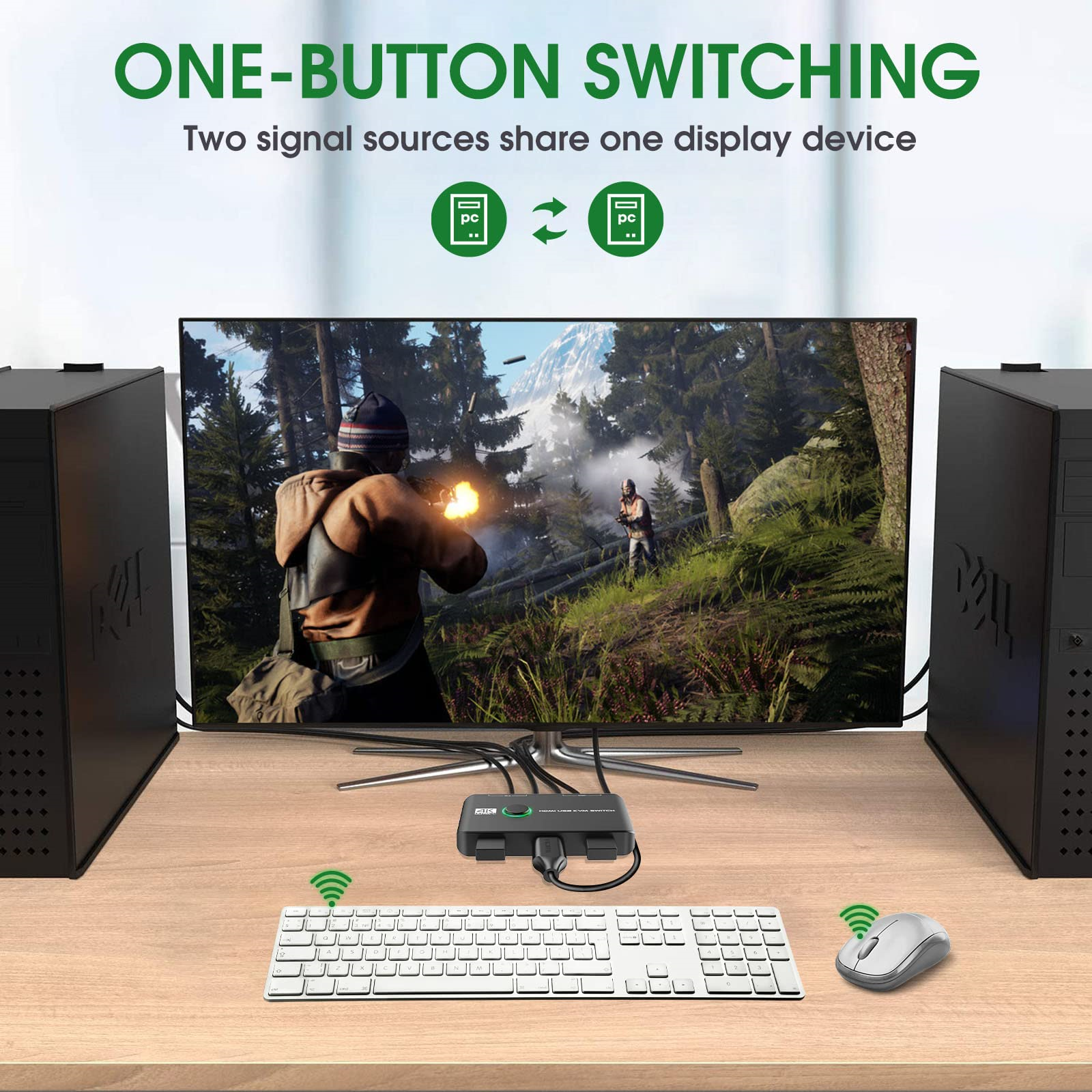 Ein Desktop mit Monitor, Tastatur und Maus. Text: 'One-Button Switching'.
