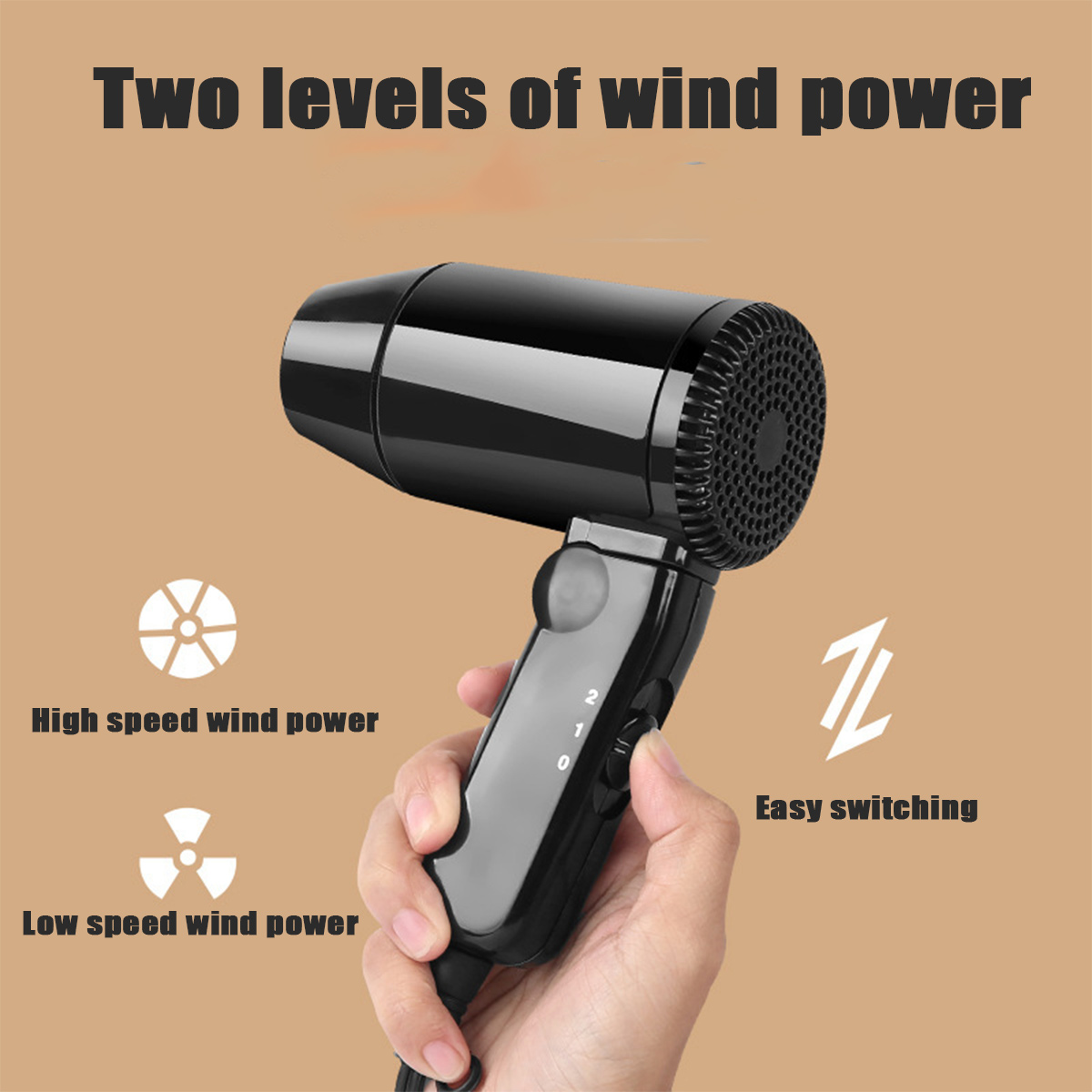 Schwarzer Haartrockner mit zwei Windleistungsstufen und einfachem Umschalten. Eine Hand hält ihn.