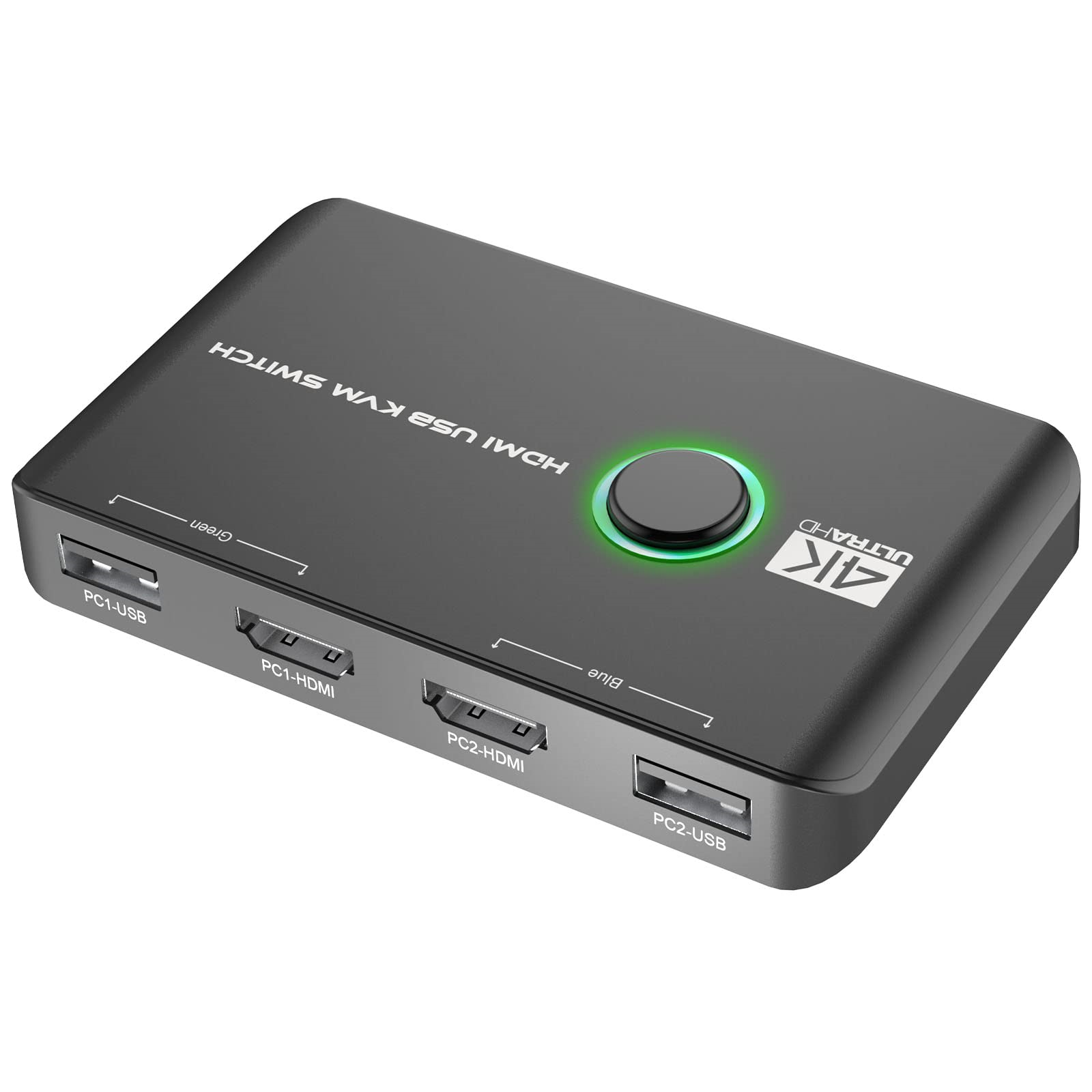 Schwarzer HDMI-USB-KVM-Switch mit Tasten und Anschlüssen. Das Gerät hat ein grünes Licht oben.