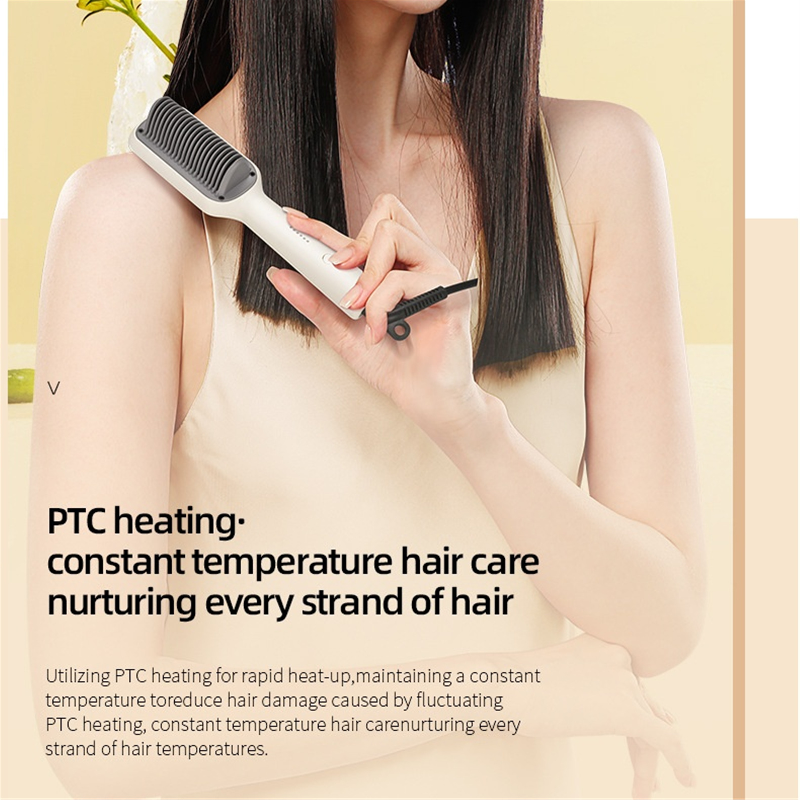 Eine Frau hält eine weiße Haarglättungsbürste. Der Text beschreibt die PTC-Heizung für konstante Temperatur-Haarpflege.