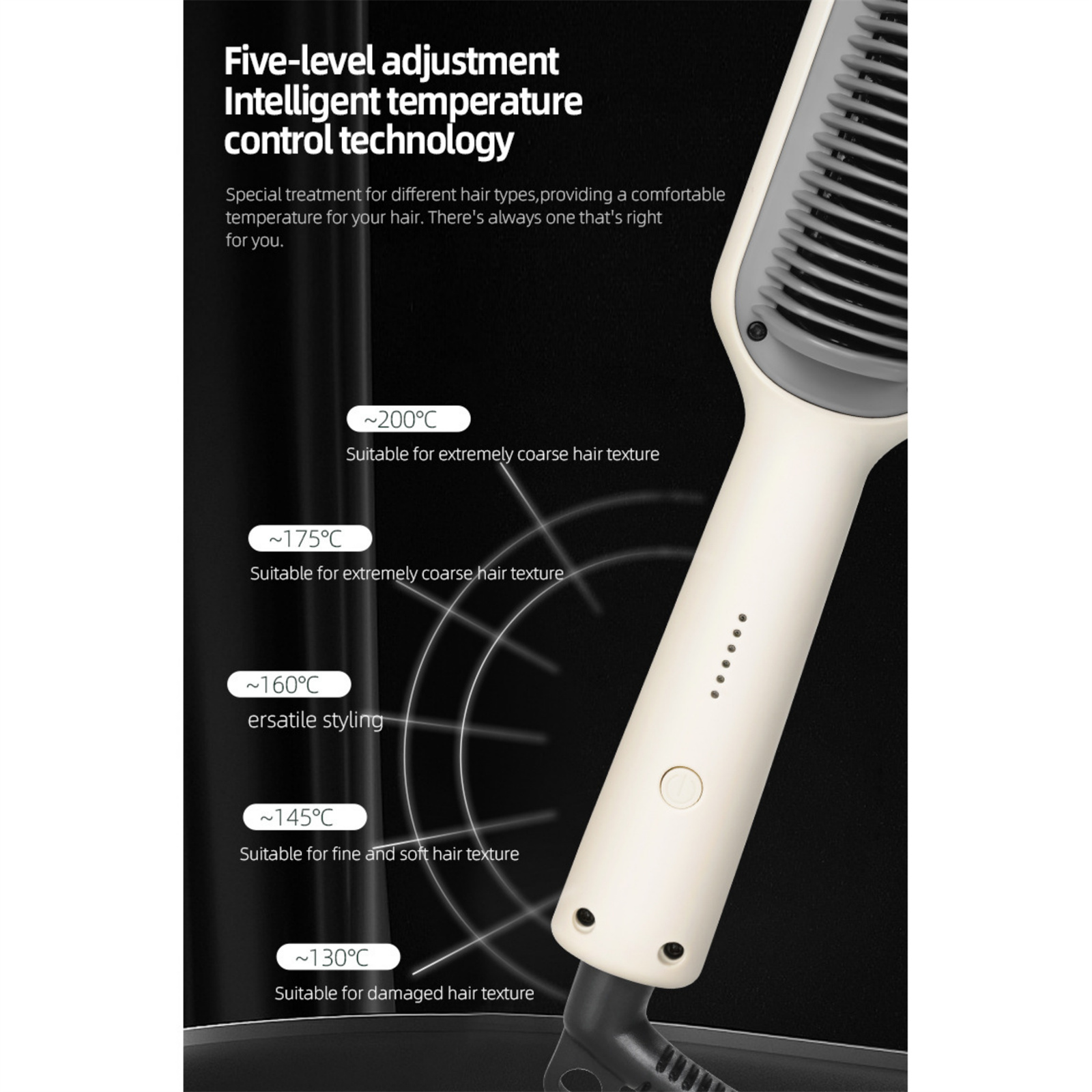 Ein Haarglätter mit Temperaturangaben. Das Bügeleisen ist weiß und grau.