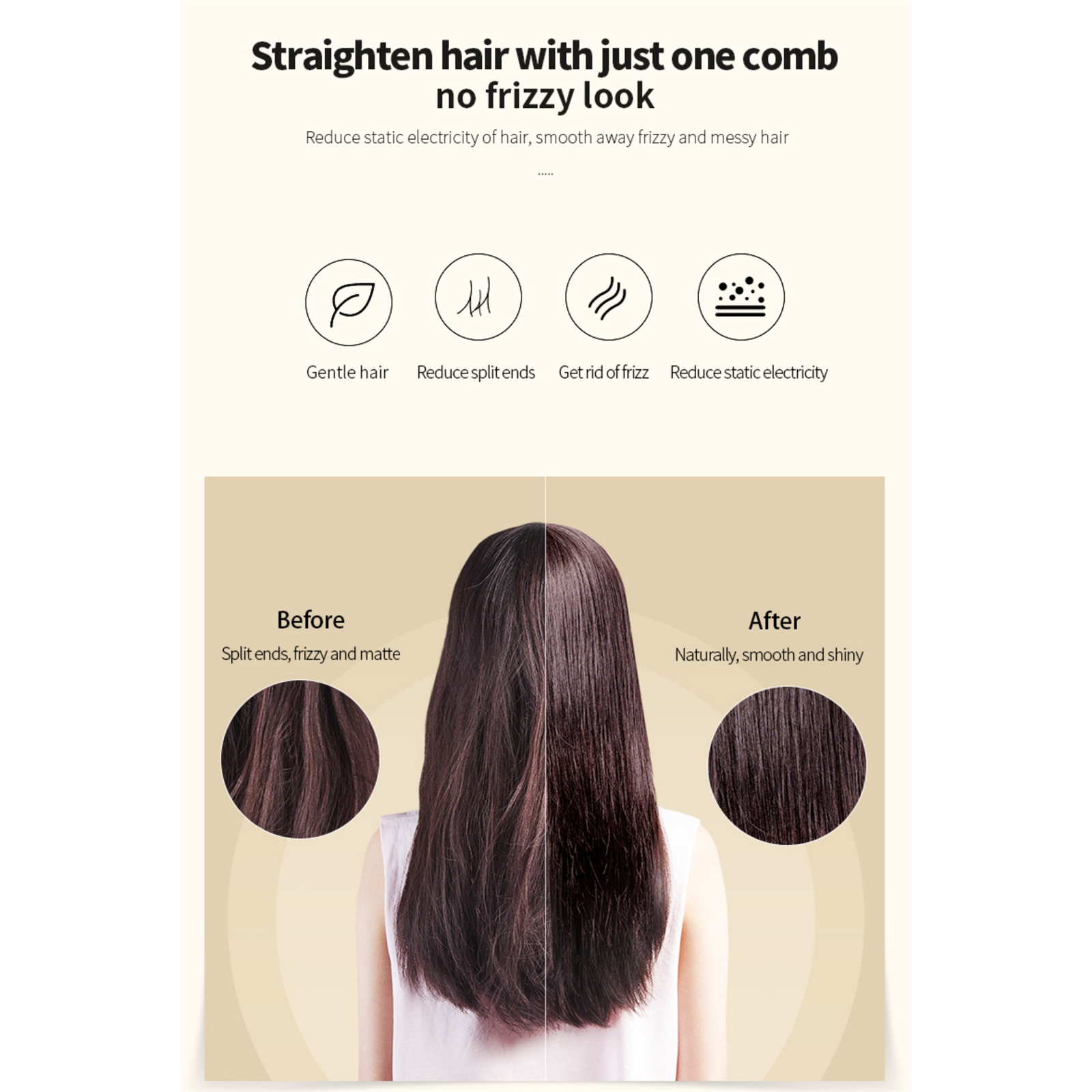 Bild zeigt Effekt eines Haarkamms. Vorher: kraus, nachher: glatt und glänzend. Text: Haare glätten.