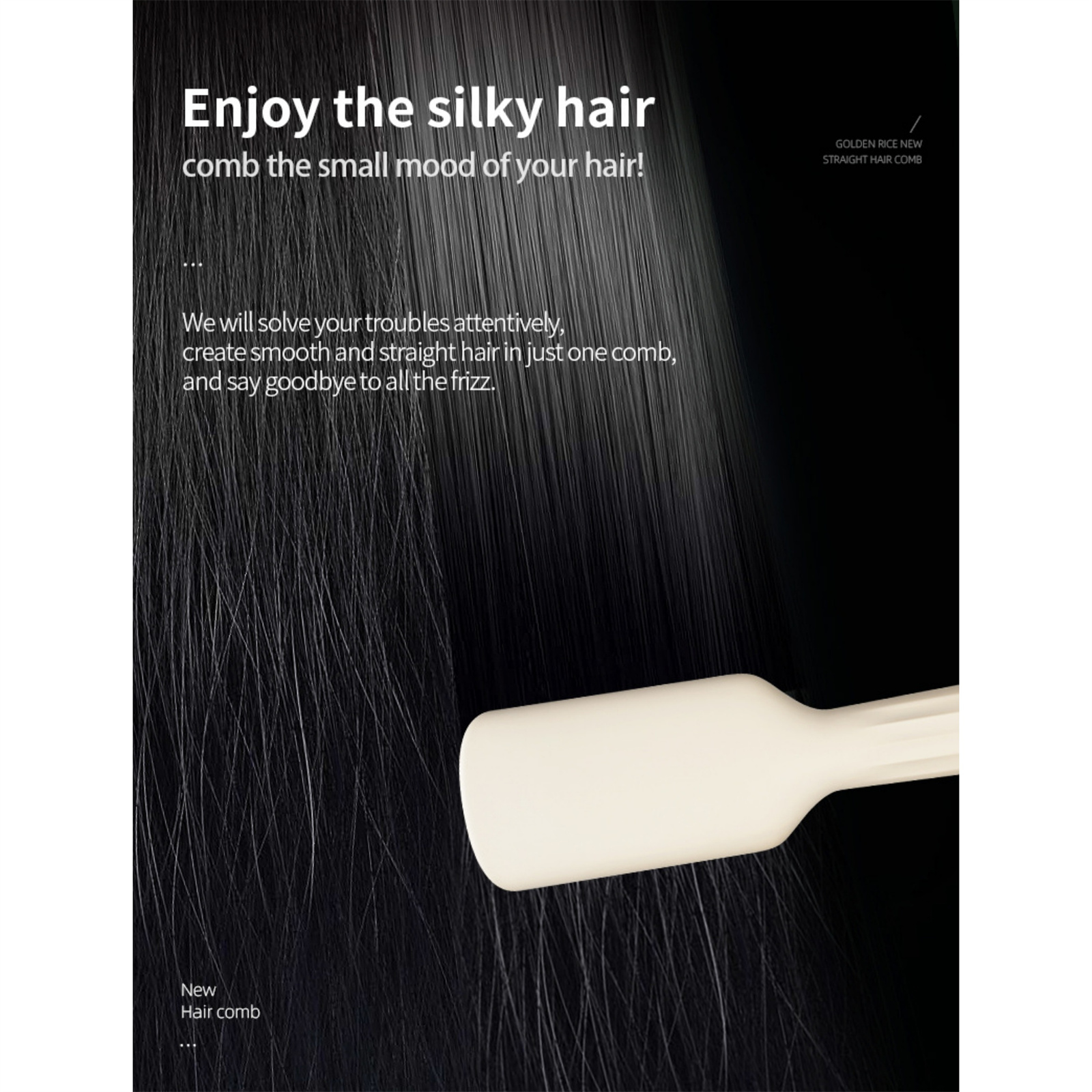 Nahaufnahme von schwarzem Haar, mit weißem Kamm im Haar und Text zur Haarpflege.