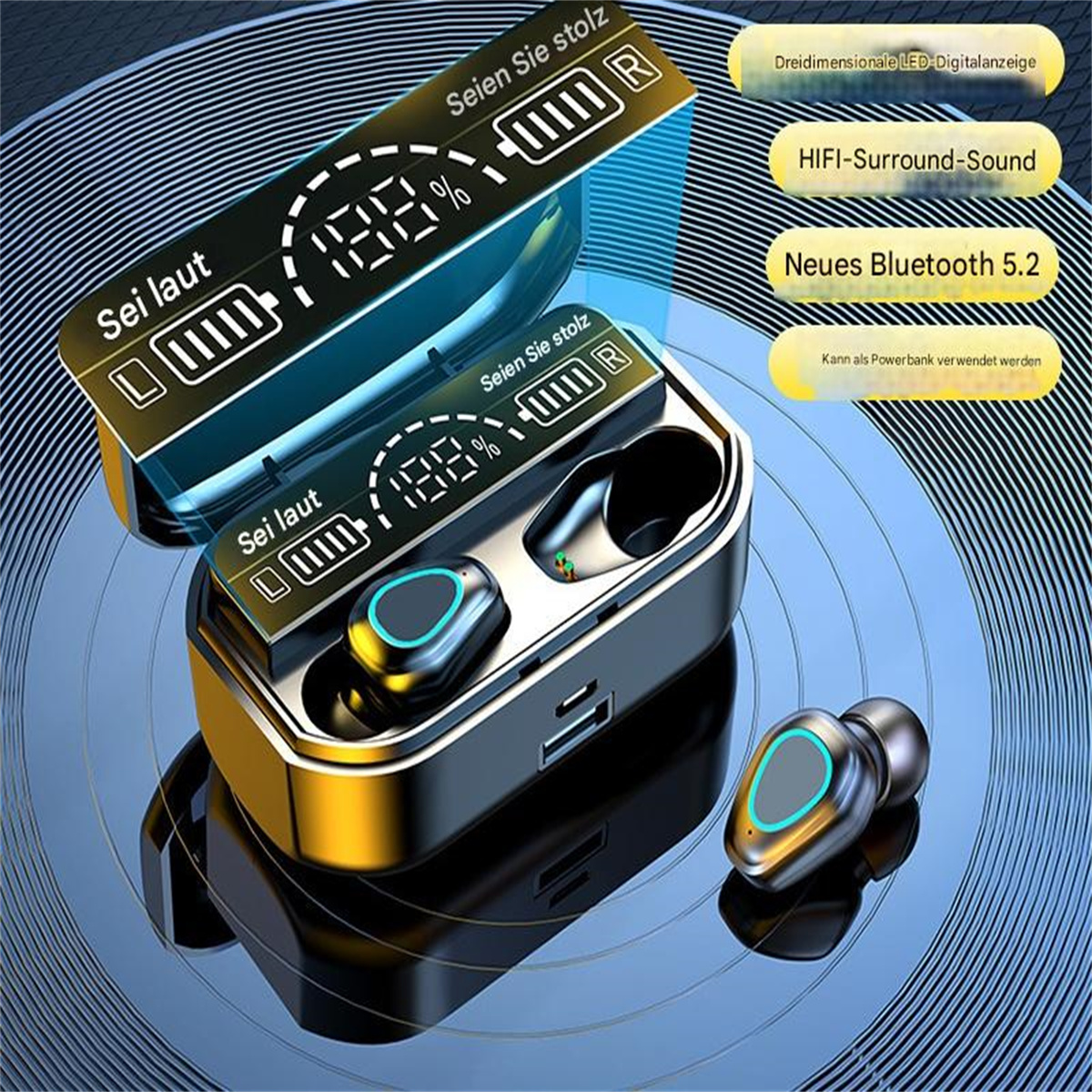 Kabellose Ohrhörer in einem Ladeetui. Das Etui und die Ohrhörer sind gold und schwarz. Digitalanzeige zeigt Batterie.