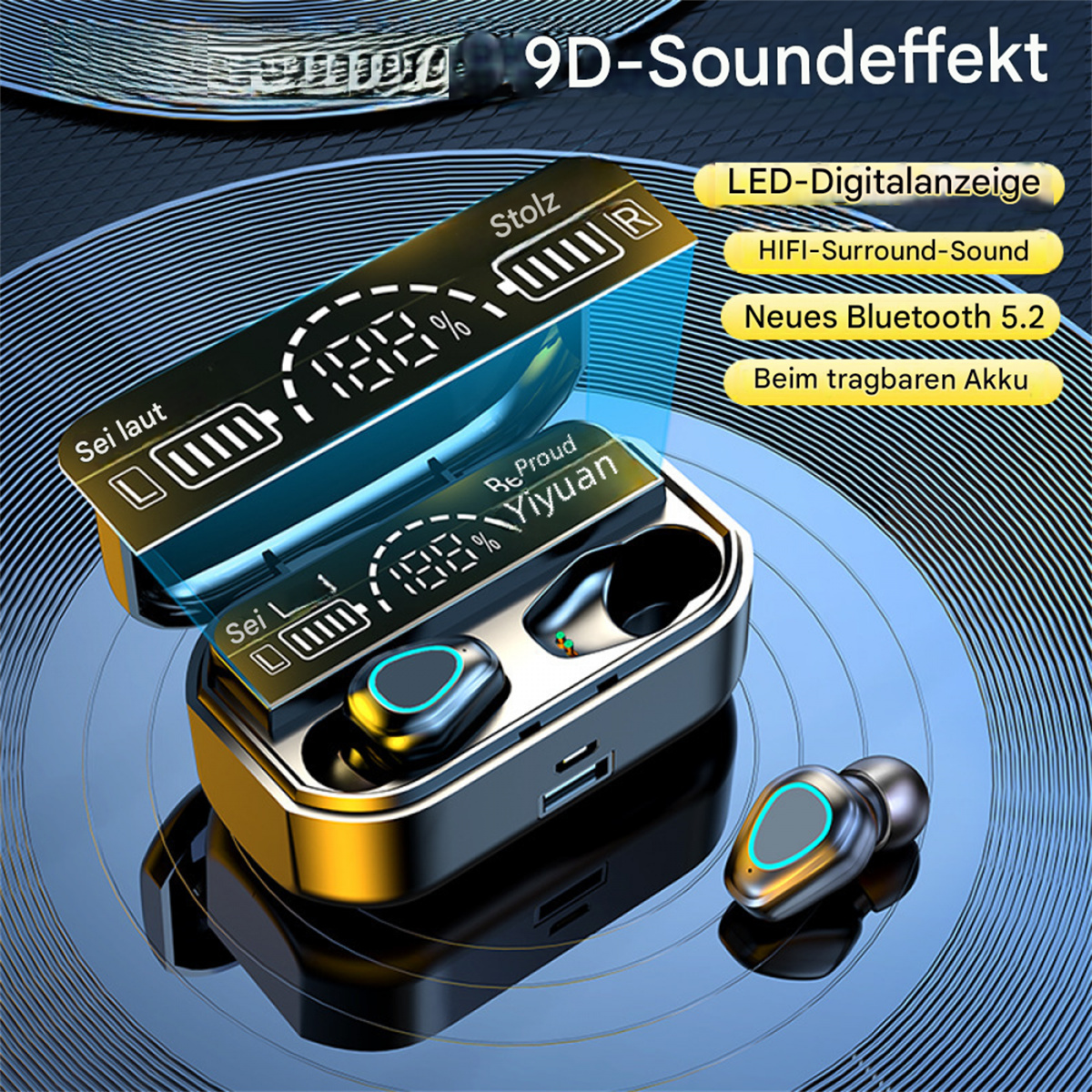 Ohrhörer in einem Ladecase, mit Text, der Soundfunktionen und Akkulaufzeit angibt.