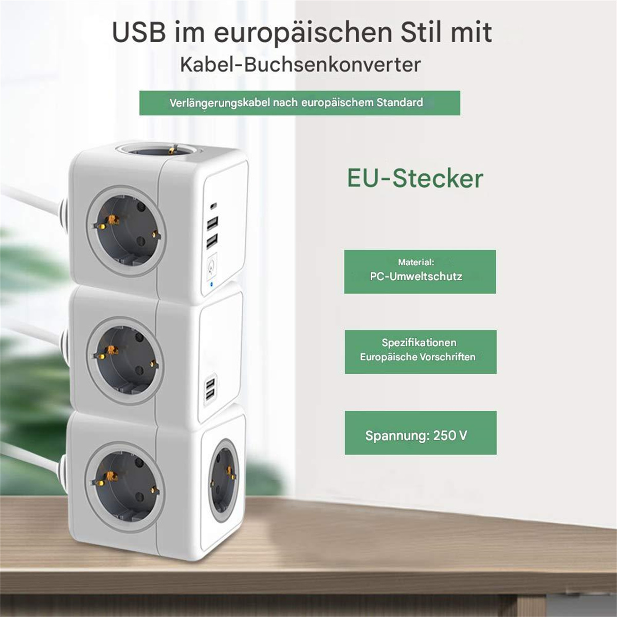 Gestapelter weißer Stromadapter mit EU-Steckern. Text auf dem Produkt beschreibt Funktionen und Spezifikationen.