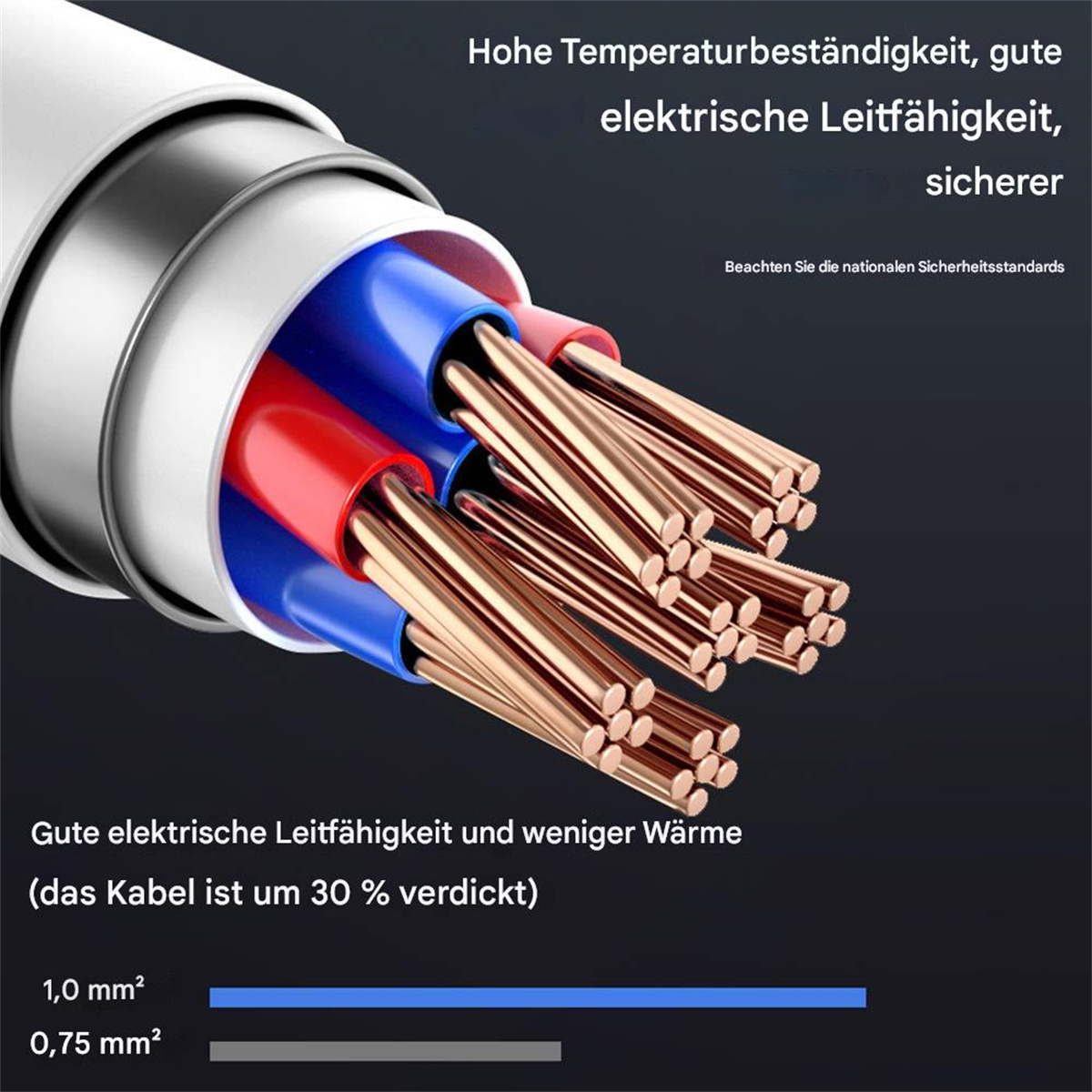 Nahaufnahme von Elektrokabeln. Blaue und rote Drähte mit Text über Sicherheitsstandards.