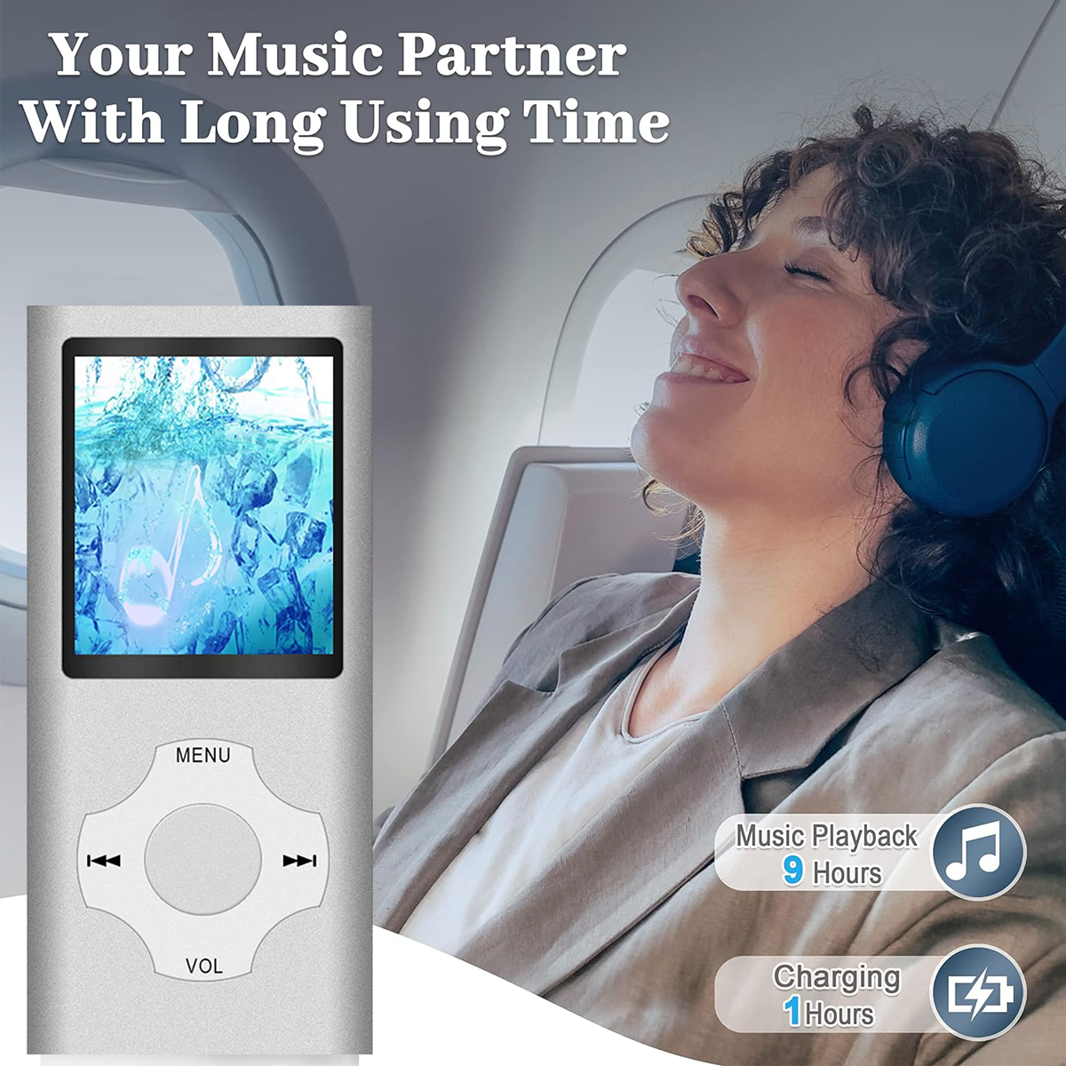 Silberner MP3-Player mit Bildschirm, Frau mit Kopfhörern. Der Hintergrund enthält Text und Symbole. Blautönung.