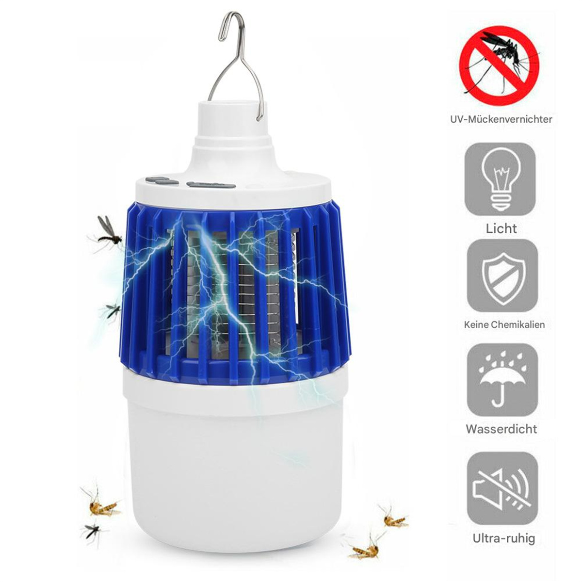 Insektenvernichter mit blauem Licht und einer Mückengrafik, mit Symbolen für Schlüsselfunktionen.