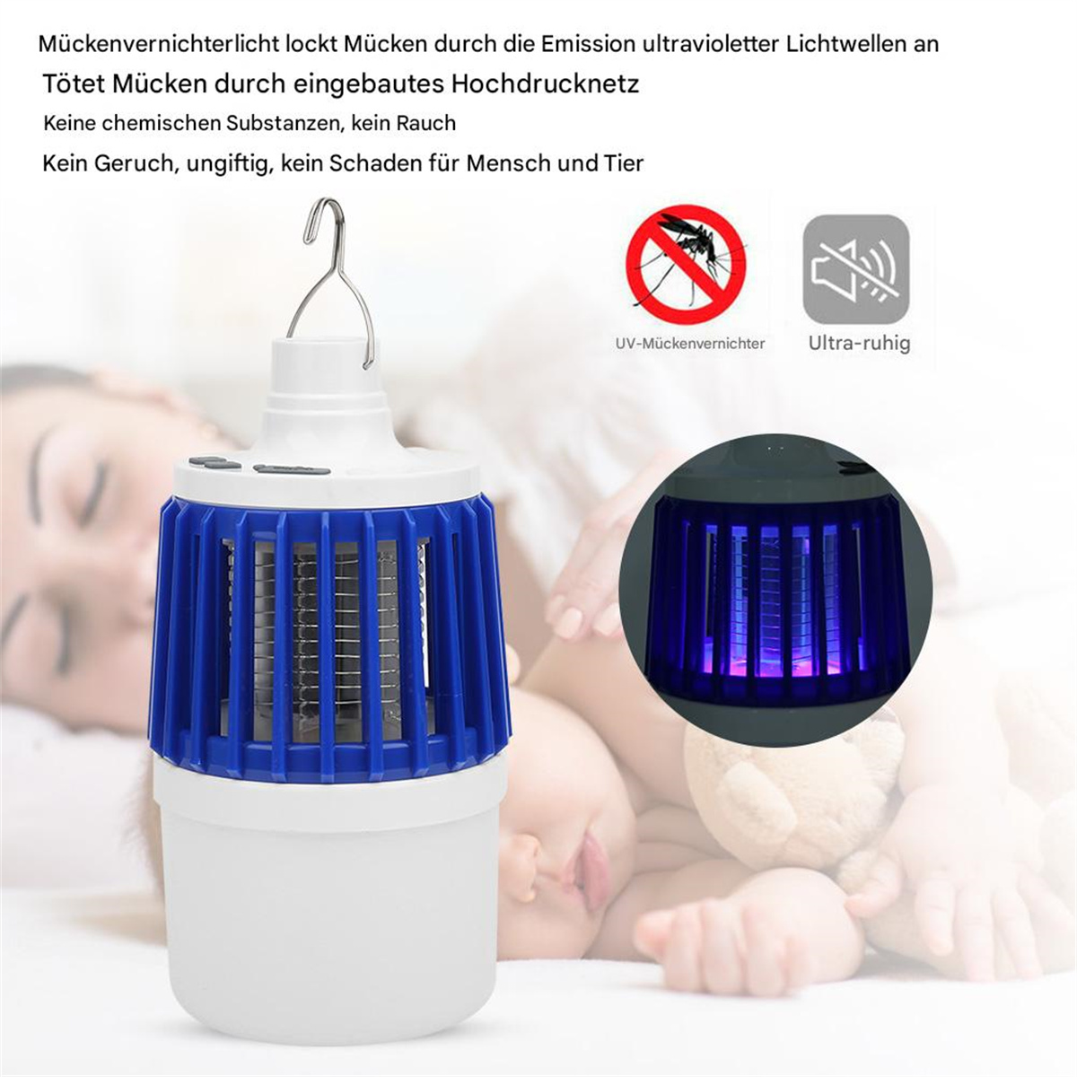 Blau-weiße Mückenvernichterlampe. Im Hintergrund ist ein Baby. Text deutet darauf hin, dass es für Menschen harmlos ist.